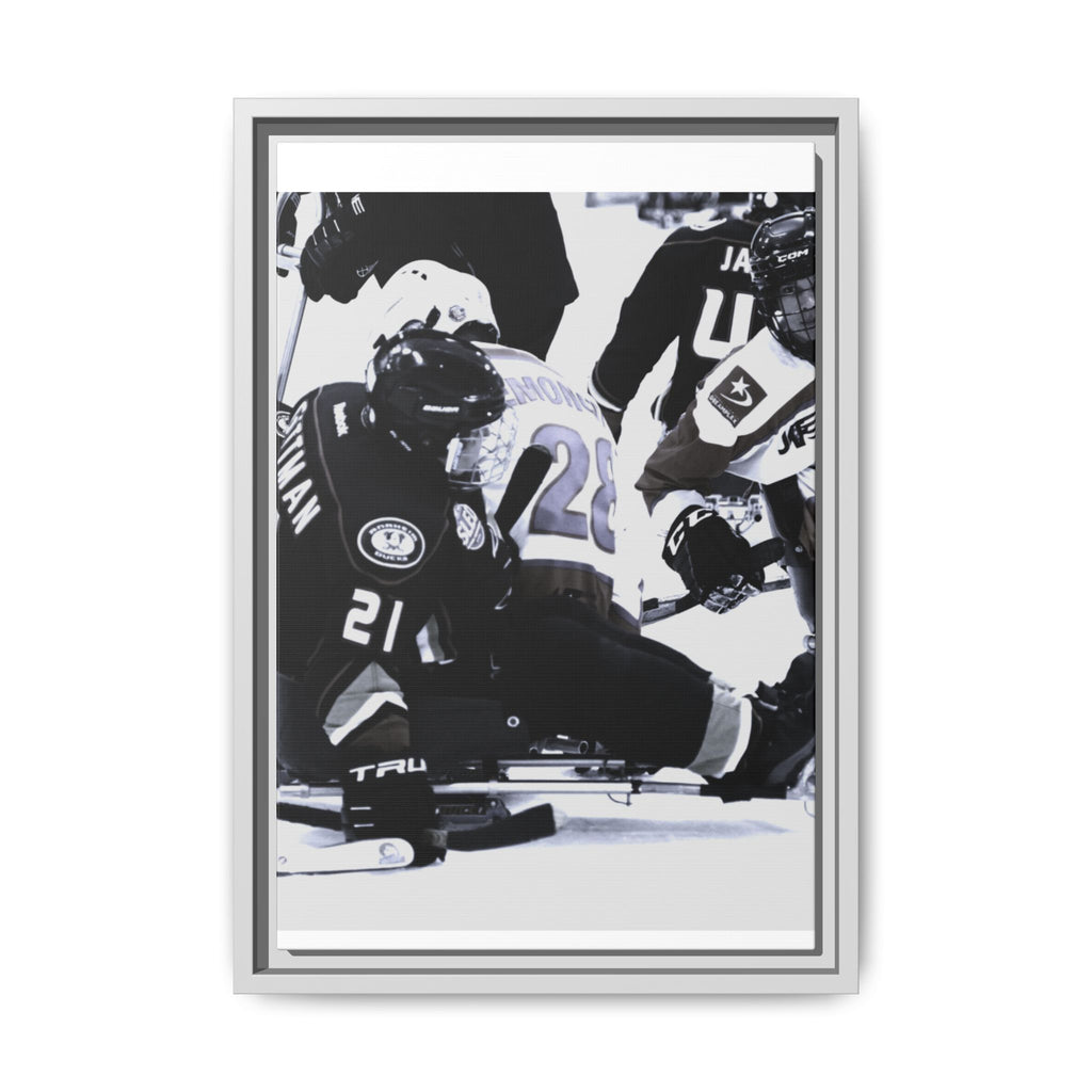 Framed Hockey Action Matte Canvas Print — Black & White Sports Wall Art