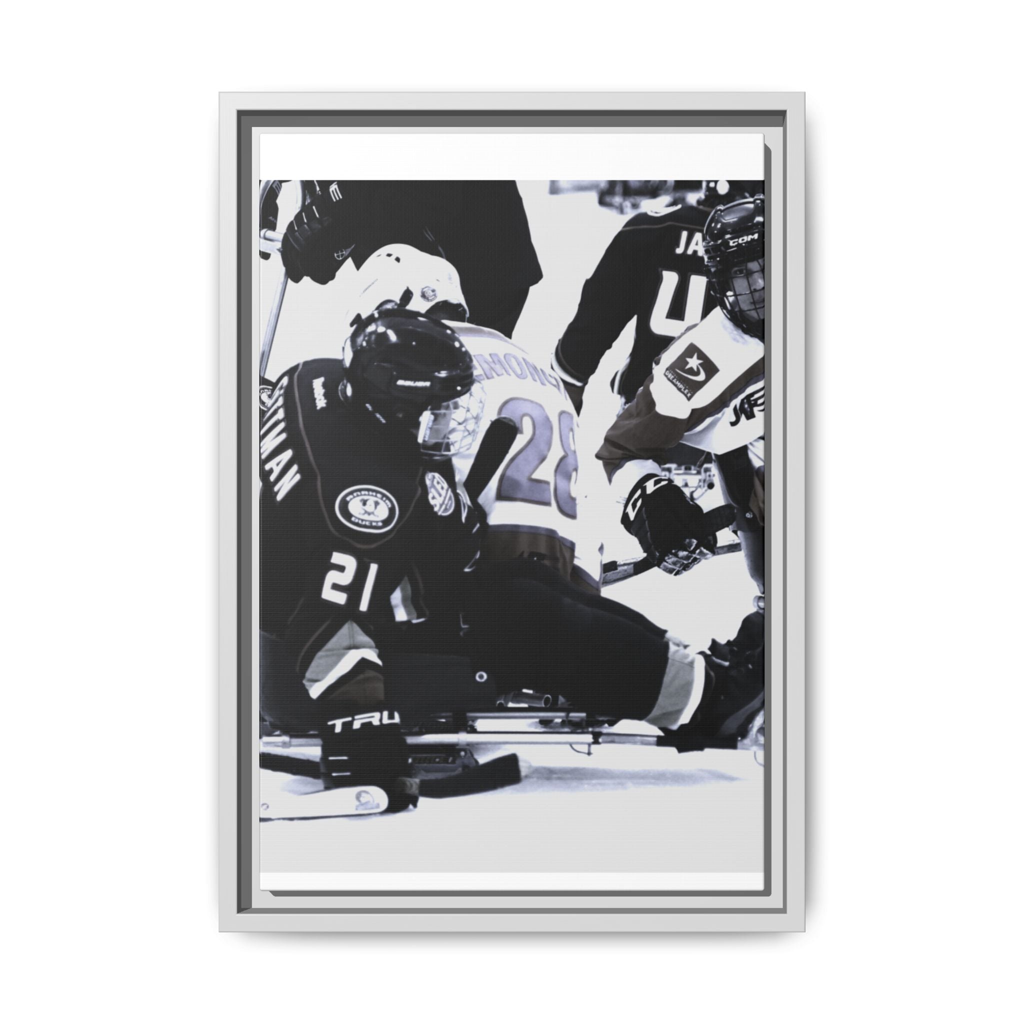 Framed Hockey Action Matte Canvas Print — Black & White Sports Wall Art