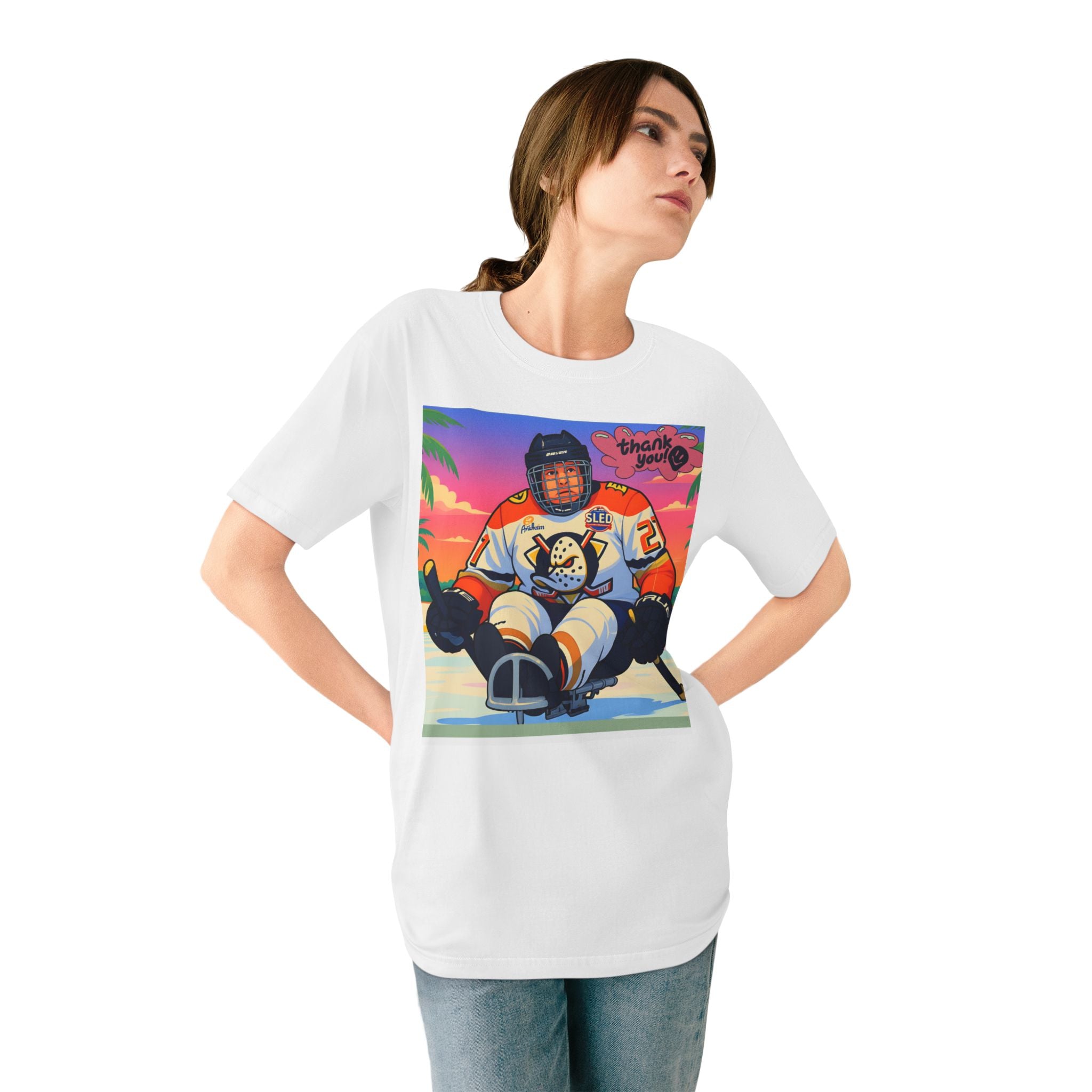 Hockey Sled Player Graphic T-Shirt — "Thank You" Retro Beach Vibe