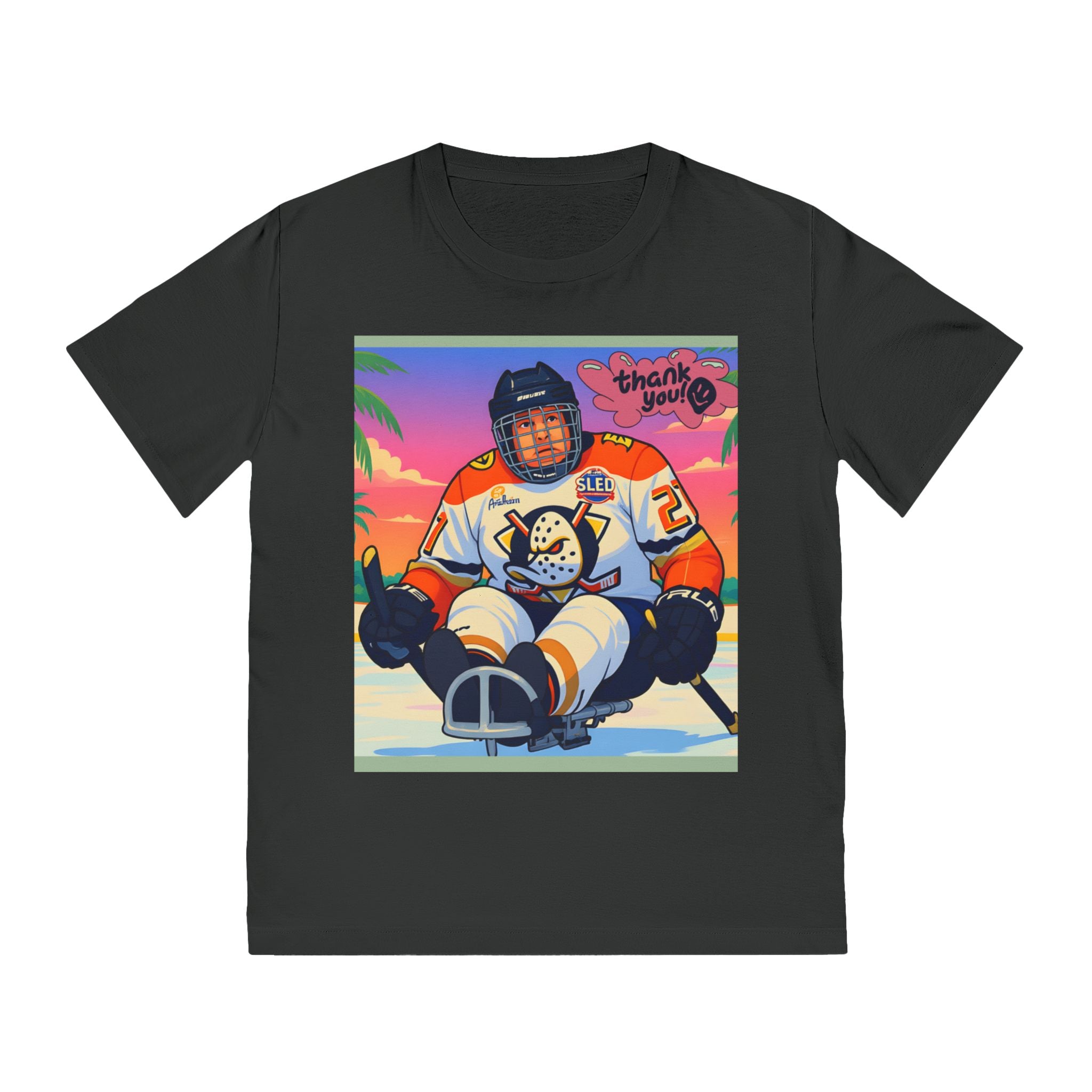 Hockey Sled Player Graphic T-Shirt — "Thank You" Retro Beach Vibe