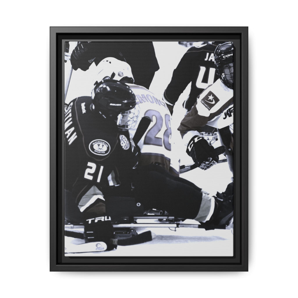 Framed Hockey Action Matte Canvas Print — Black & White Sports Wall Art