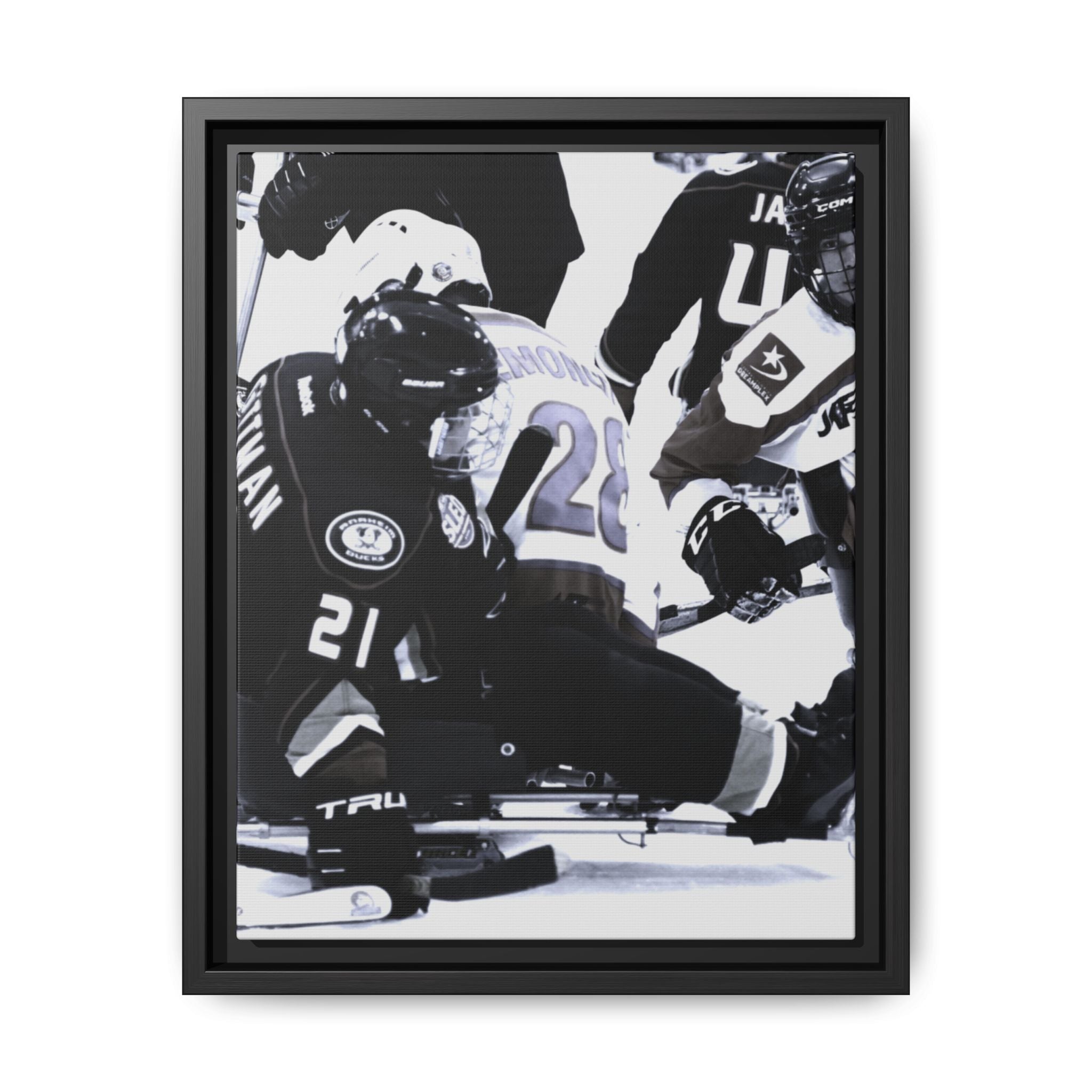 Framed Hockey Action Matte Canvas Print — Black & White Sports Wall Art