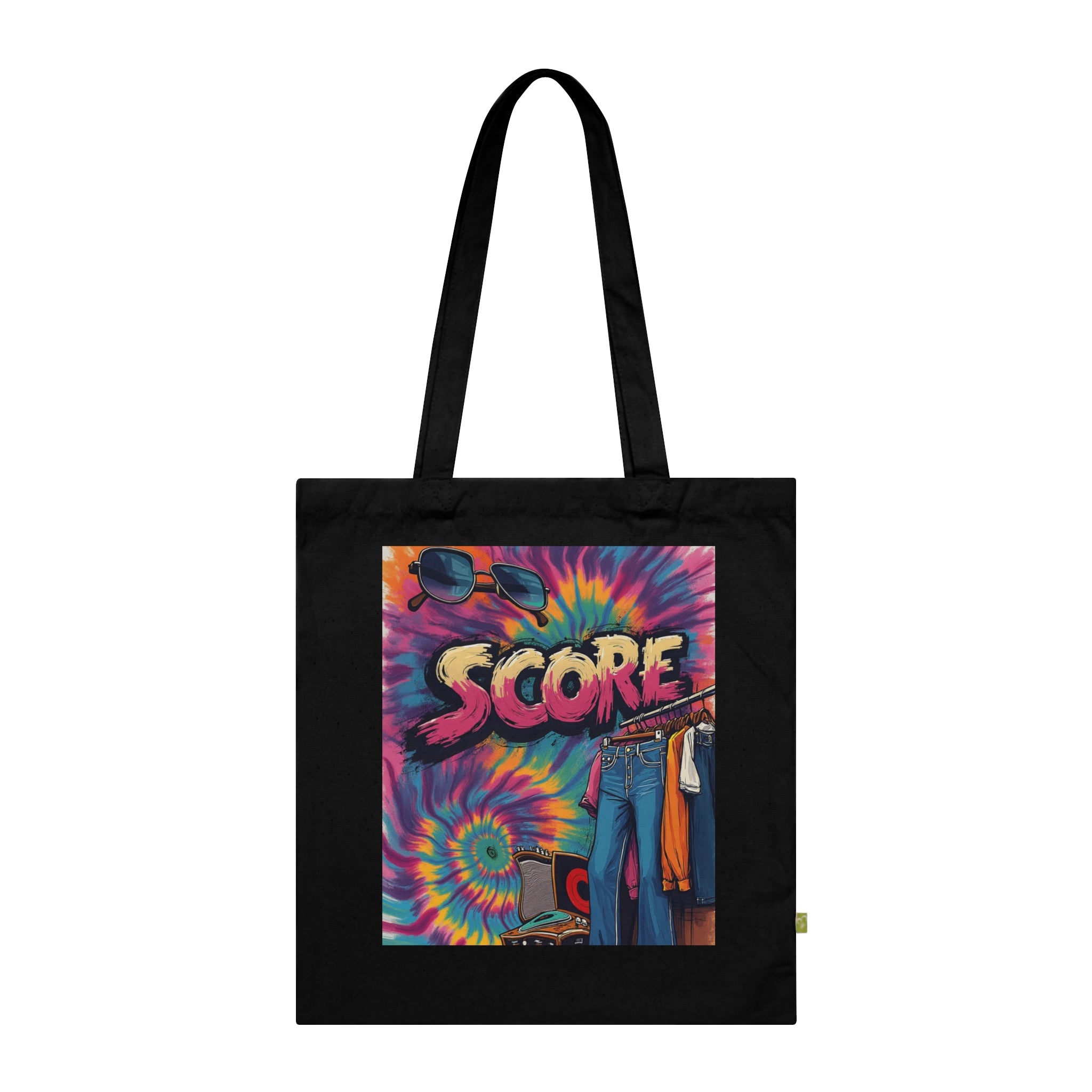 Score Tie-Dye Tote Bag — Retro 70s Skateboard Graphic Organic Cotton Tote