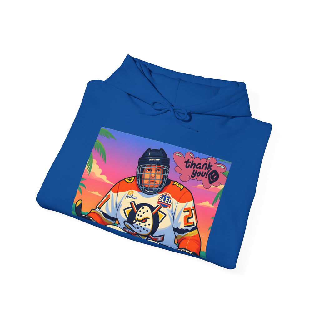 Hockey Player Retro Sunset Hoodie — Vintage Anaheim Skate Jersey Graphic