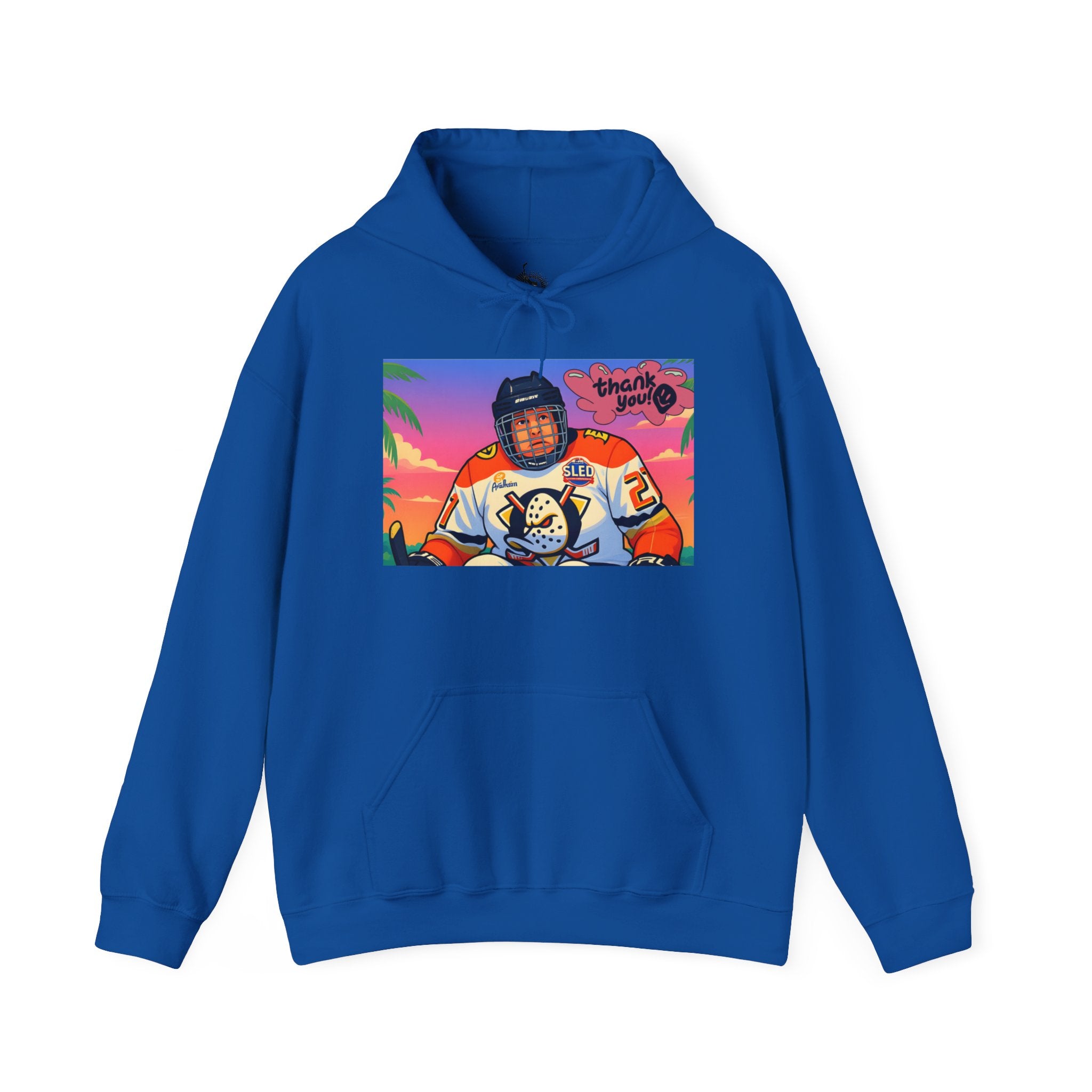 Hockey Player Retro Sunset Hoodie — Vintage Anaheim Skate Jersey Graphic