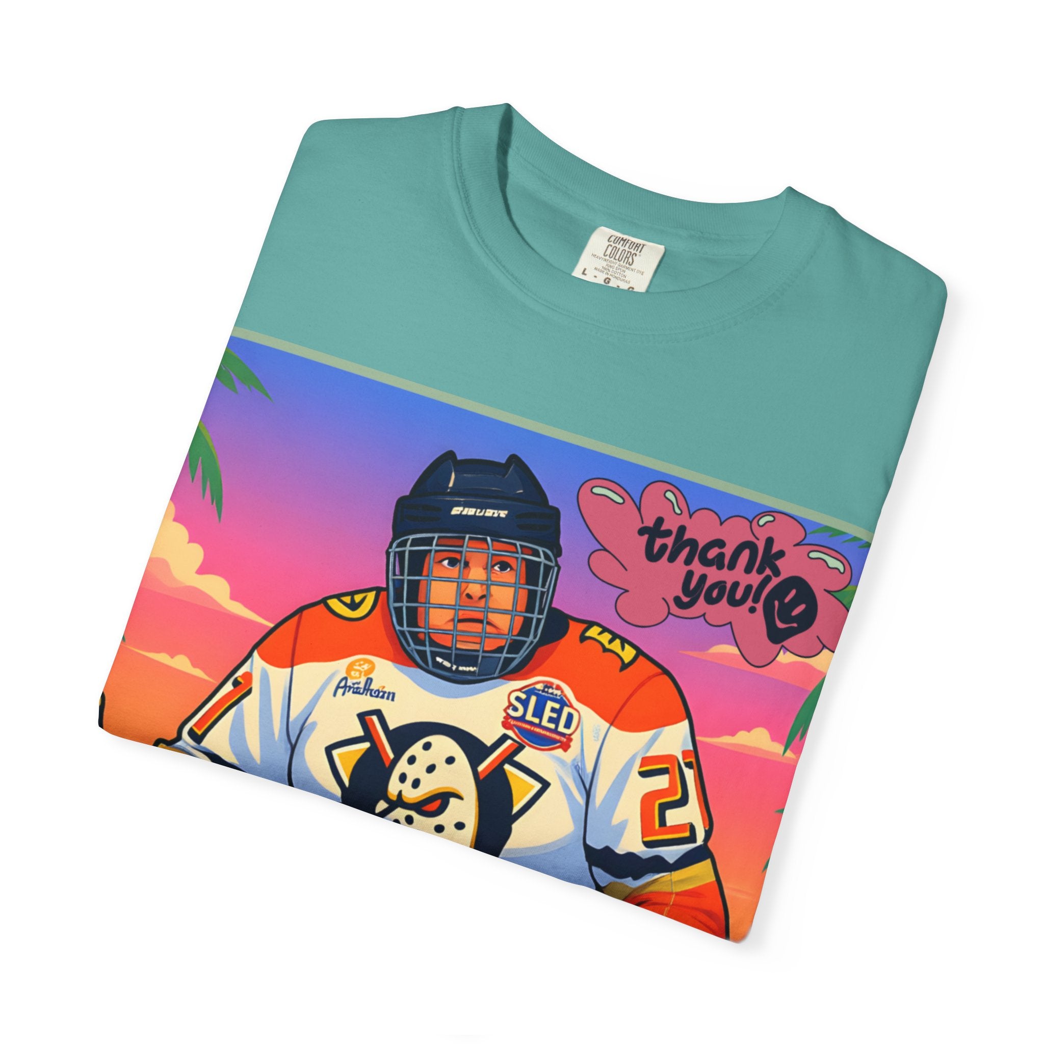 Hockey Tropics T‑Shirt — Sled Hockey Player with "Thank You" Graphic