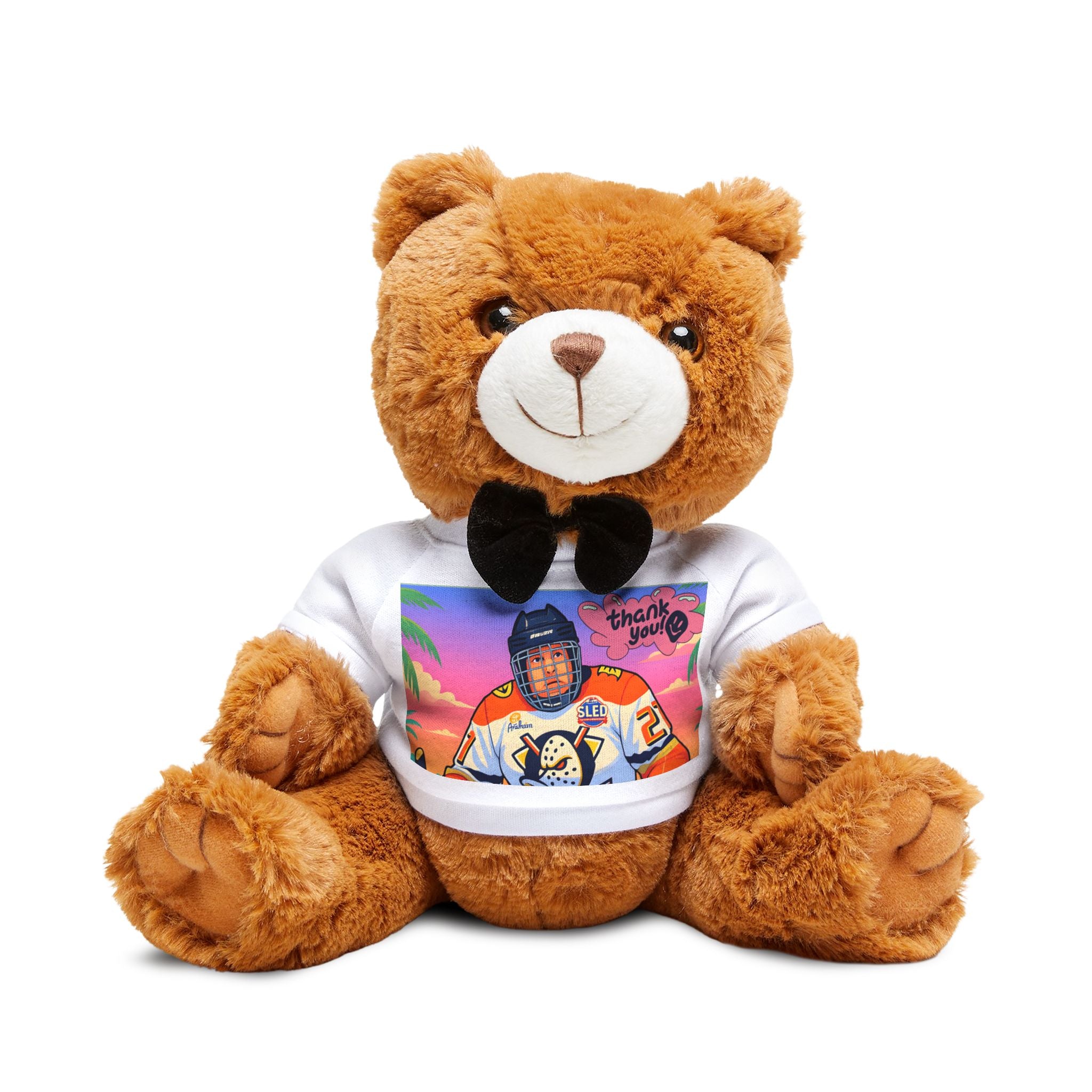 Plush Teddy Bear with Custom Graphic T‑Shirt – Cute Gift for Kids & Hockey Fans