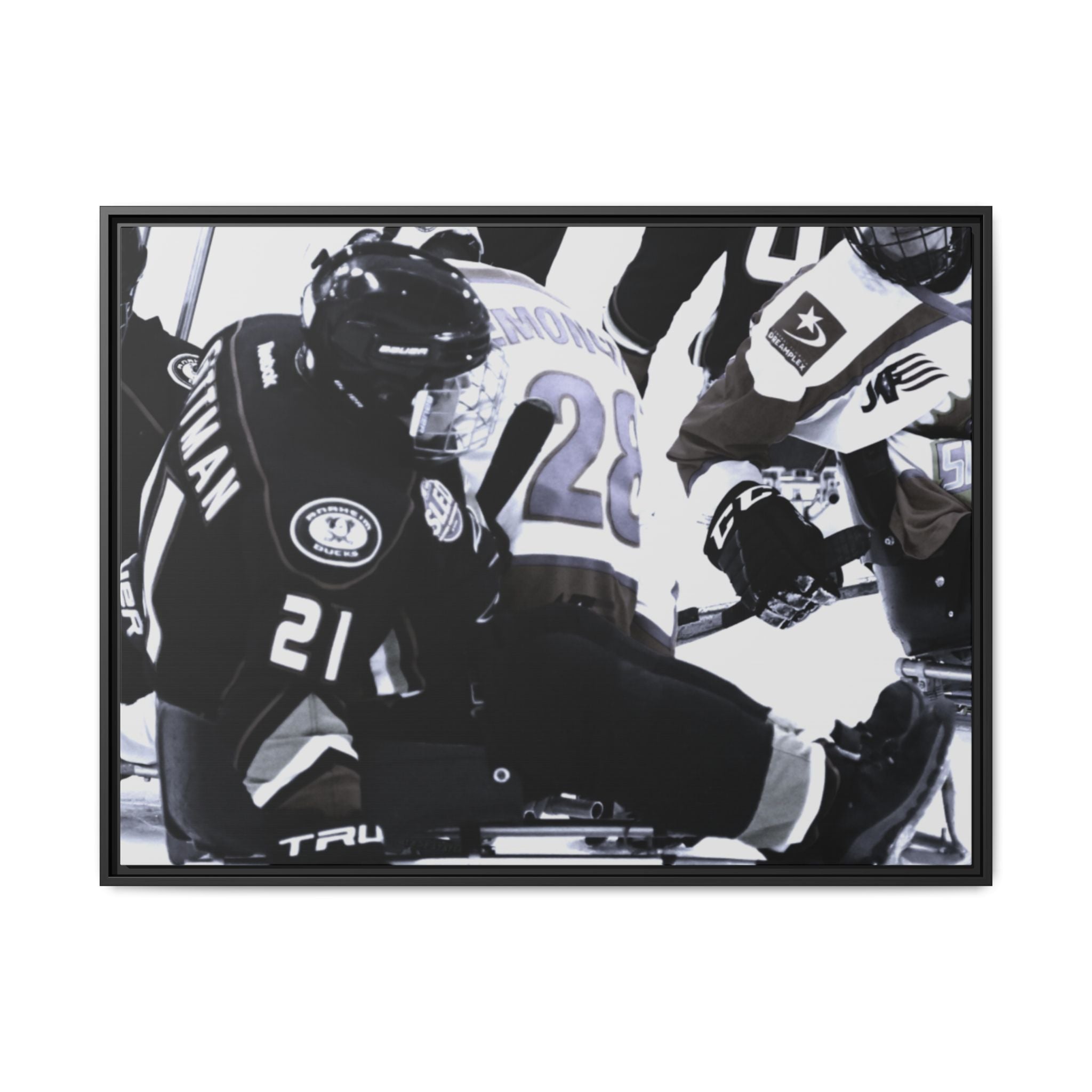 Framed Hockey Action Matte Canvas Print — Black & White Sports Wall Art