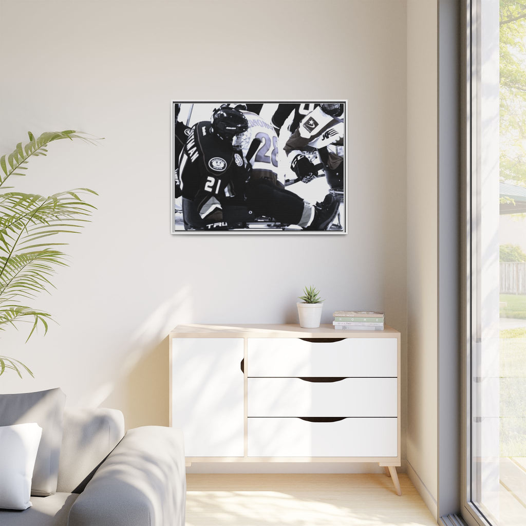 Framed Hockey Action Matte Canvas Print — Black & White Sports Wall Art