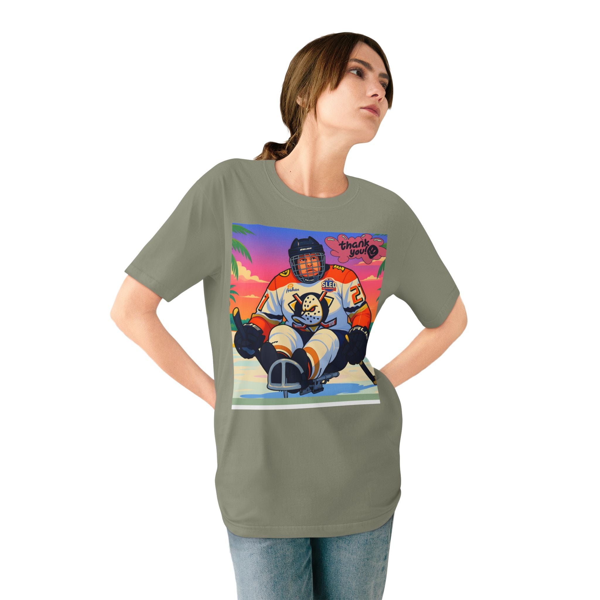 Hockey Sled Player Graphic T-Shirt — "Thank You" Retro Beach Vibe