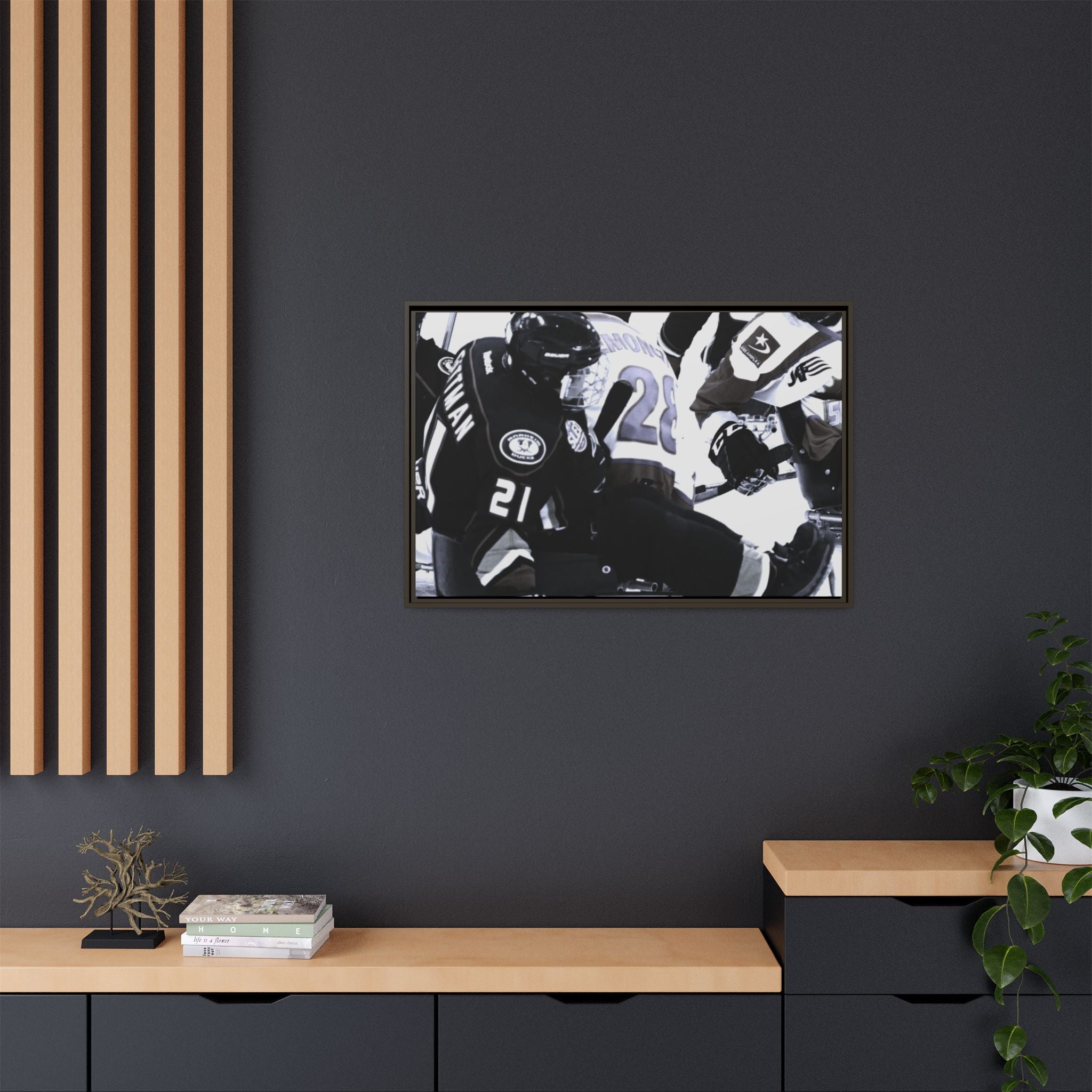 Framed Hockey Action Matte Canvas Print — Black & White Sports Wall Art