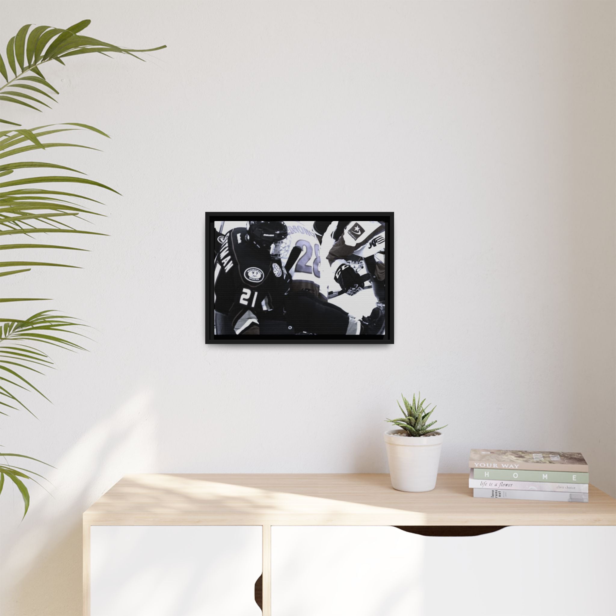 Framed Hockey Action Matte Canvas Print — Black & White Sports Wall Art