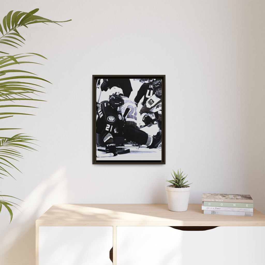 Framed Hockey Action Matte Canvas Print — Black & White Sports Wall Art