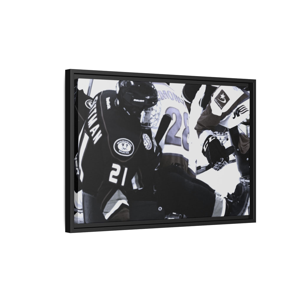 Framed Hockey Action Matte Canvas Print — Black & White Sports Wall Art