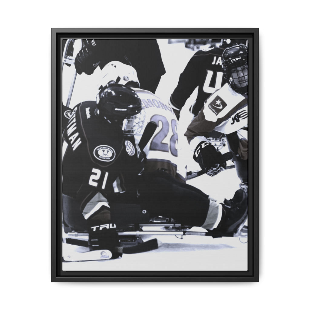Framed Hockey Action Matte Canvas Print — Black & White Sports Wall Art