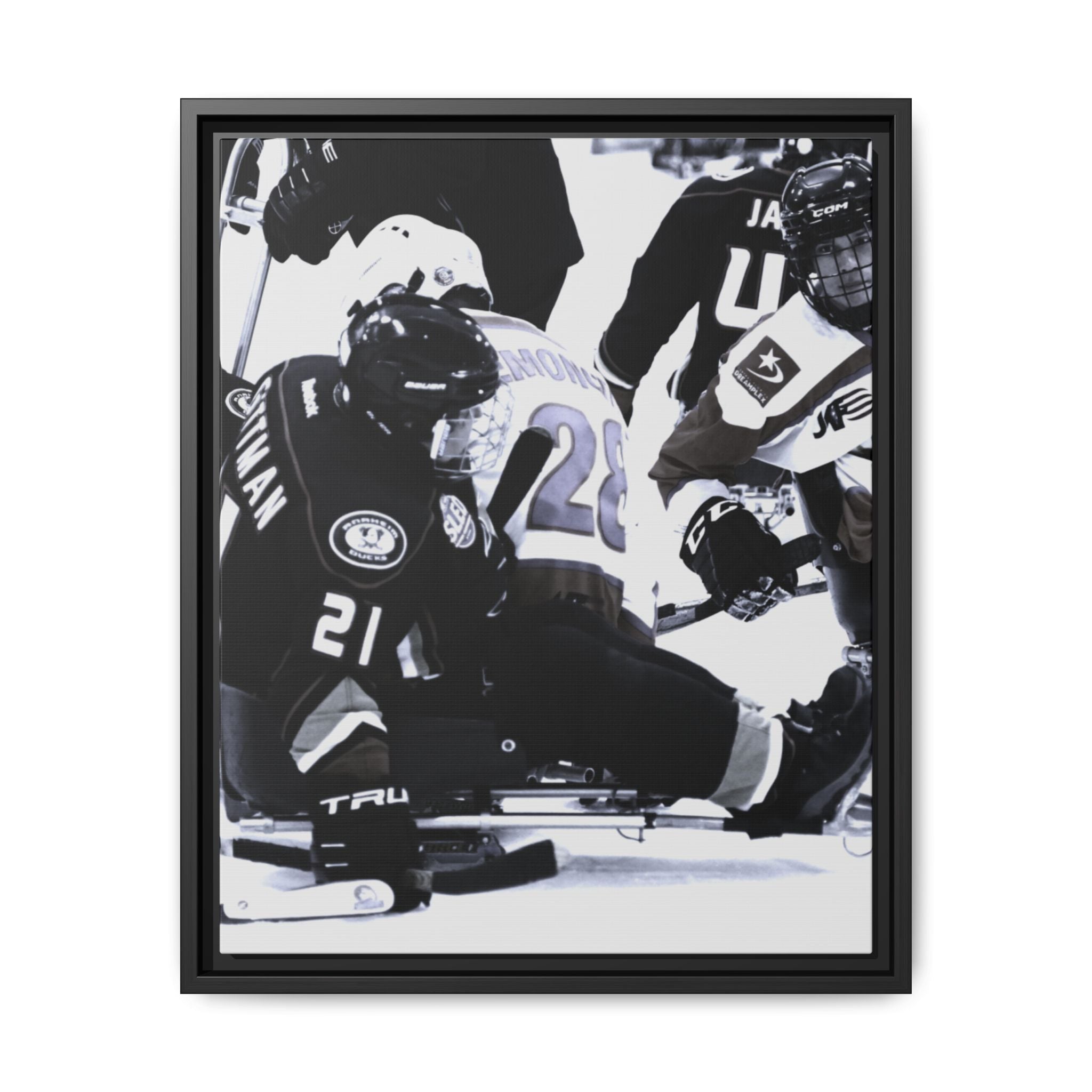 Framed Hockey Action Matte Canvas Print — Black & White Sports Wall Art
