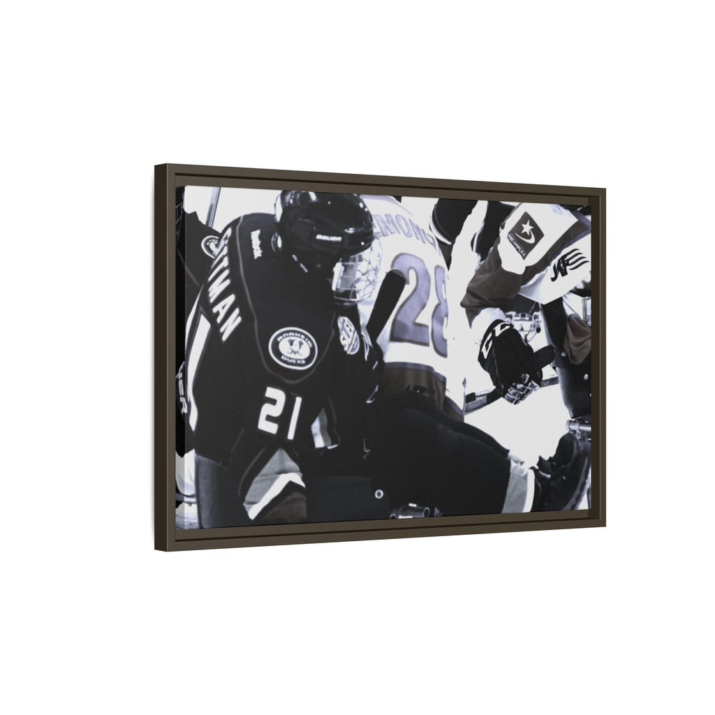 Framed Hockey Action Matte Canvas Print — Black & White Sports Wall Art