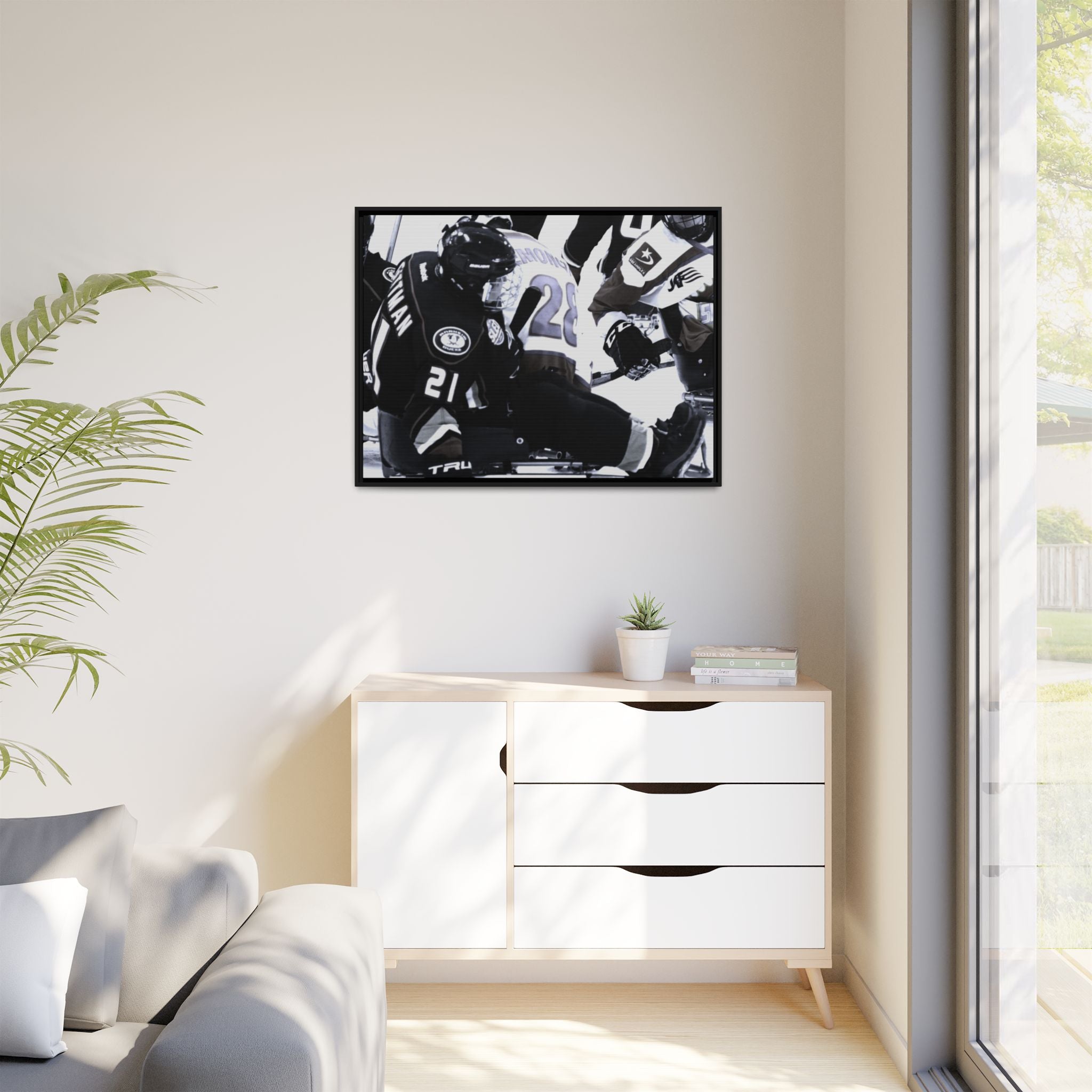 Framed Hockey Action Matte Canvas Print — Black & White Sports Wall Art