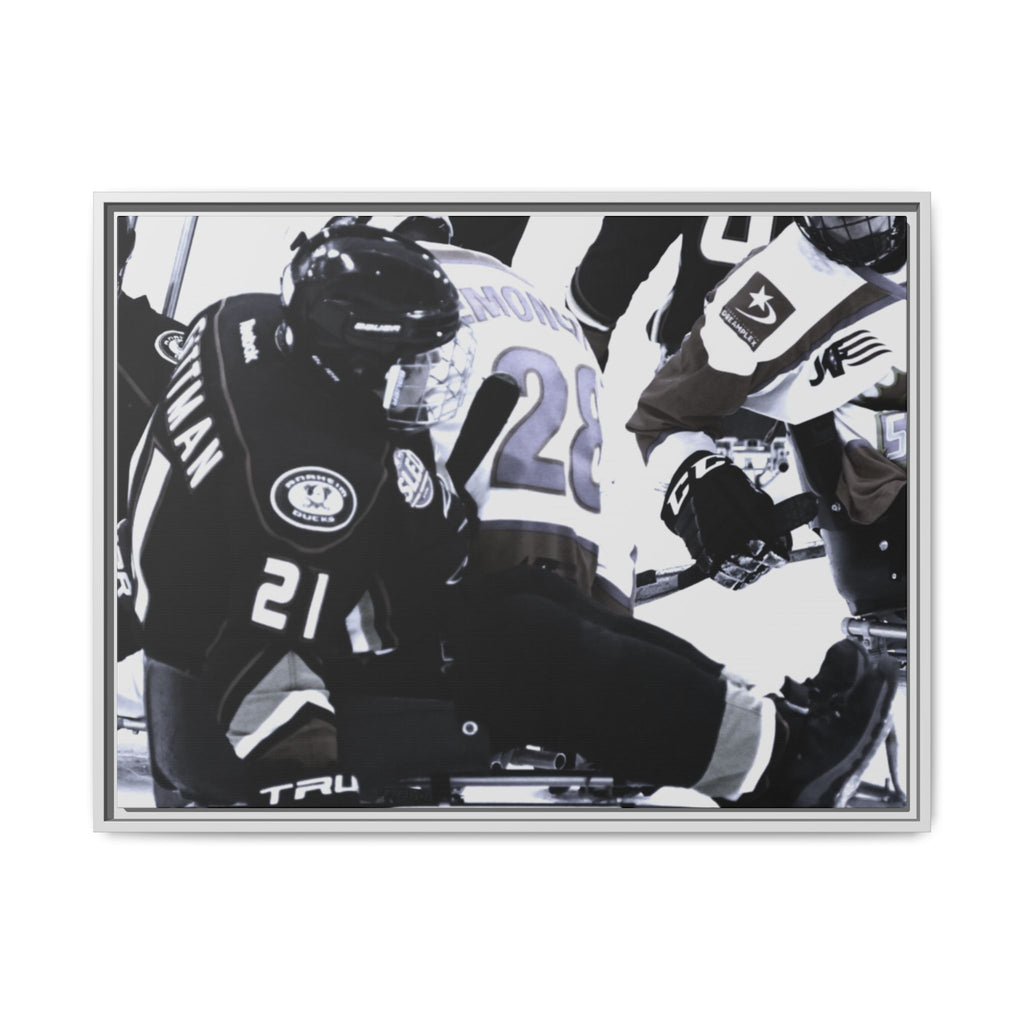 Framed Hockey Action Matte Canvas Print — Black & White Sports Wall Art