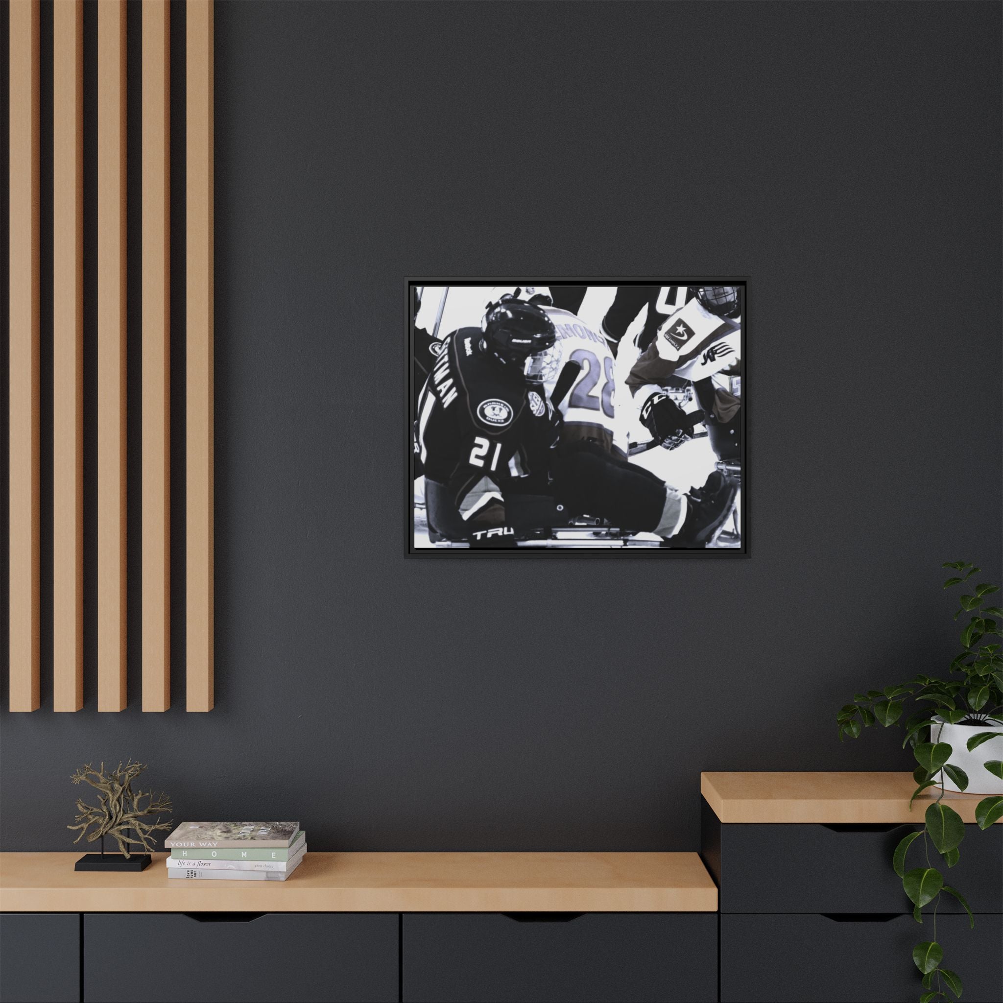 Framed Hockey Action Matte Canvas Print — Black & White Sports Wall Art