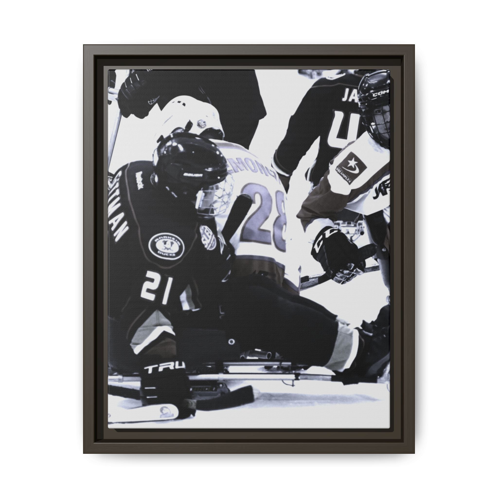 Framed Hockey Action Matte Canvas Print — Black & White Sports Wall Art