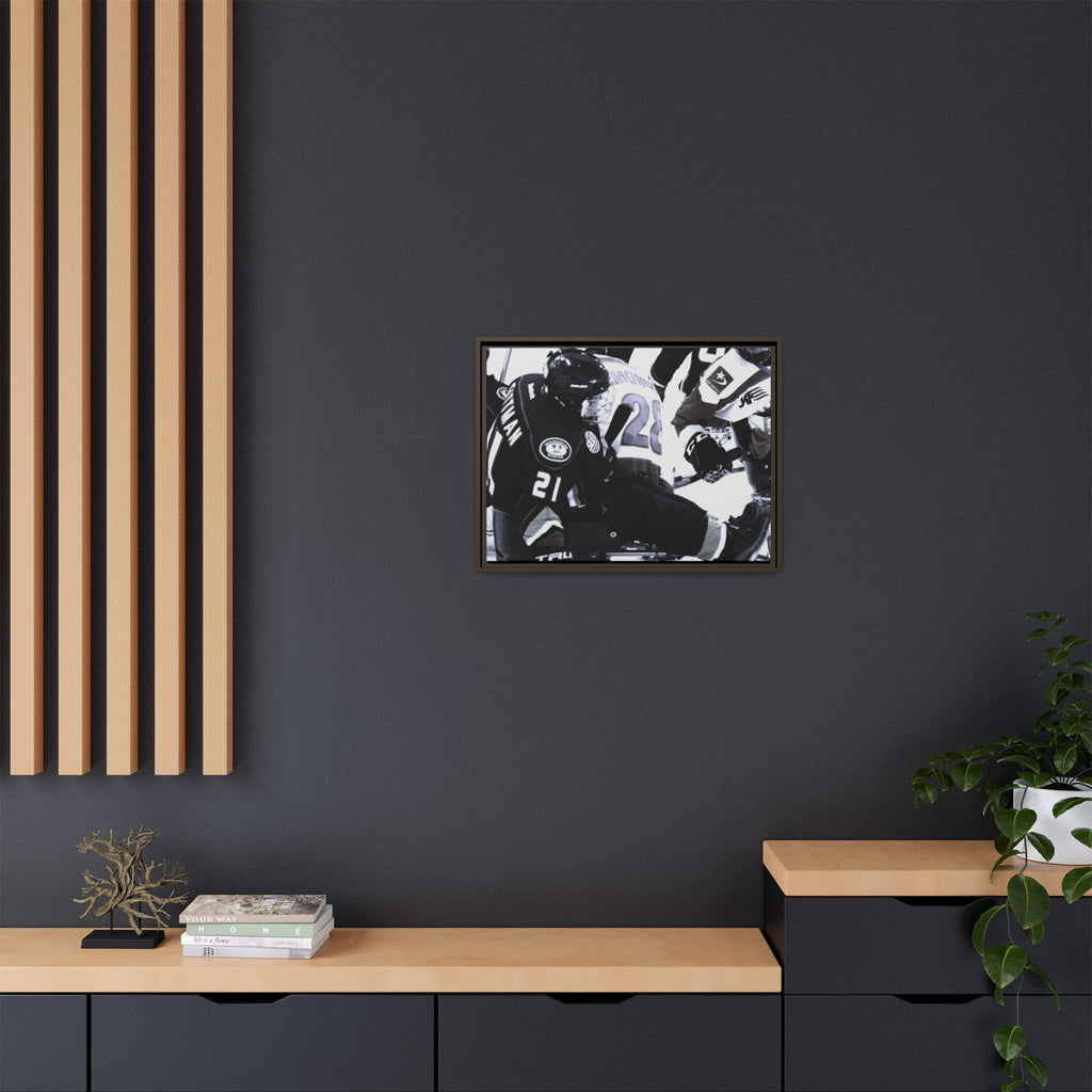 Framed Hockey Action Matte Canvas Print — Black & White Sports Wall Art