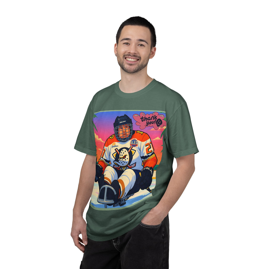 Hockey Tropics T‑Shirt — Sled Hockey Player with "Thank You" Graphic