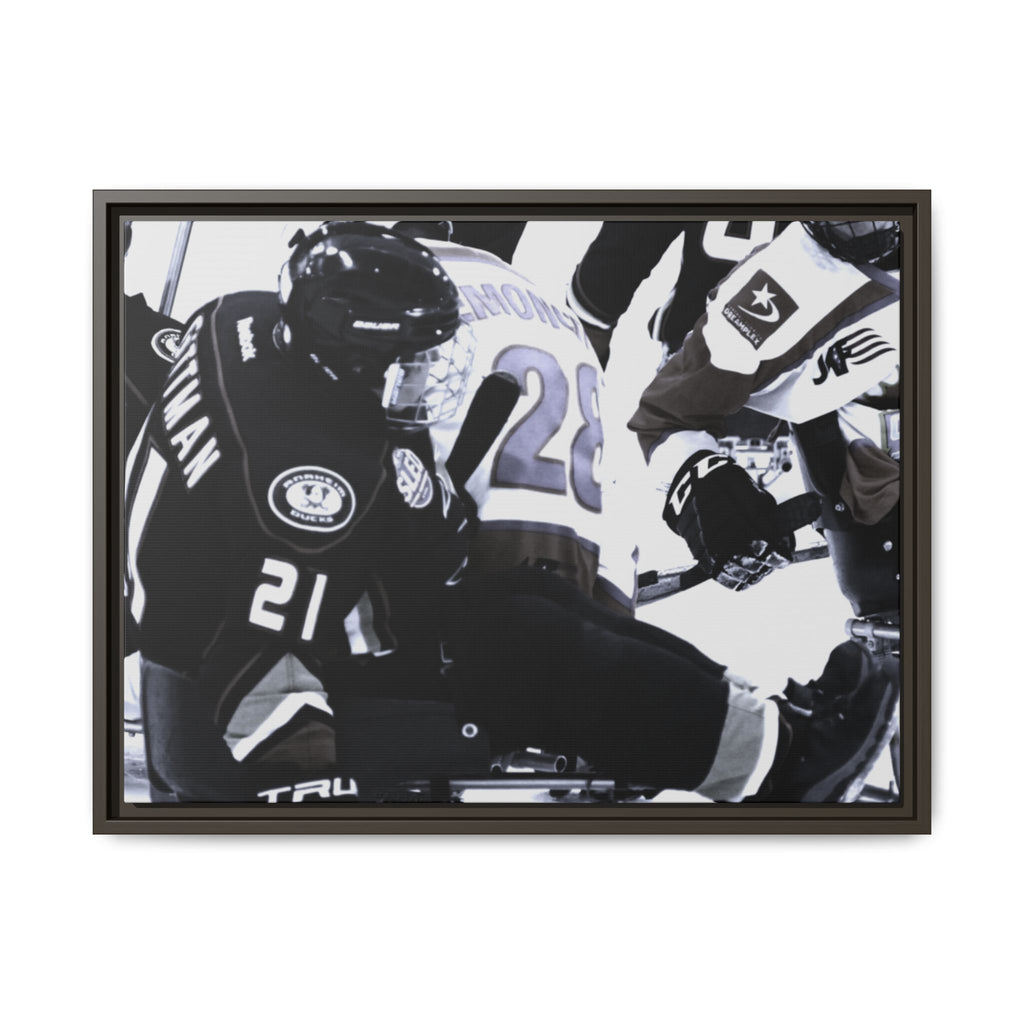 Framed Hockey Action Matte Canvas Print — Black & White Sports Wall Art