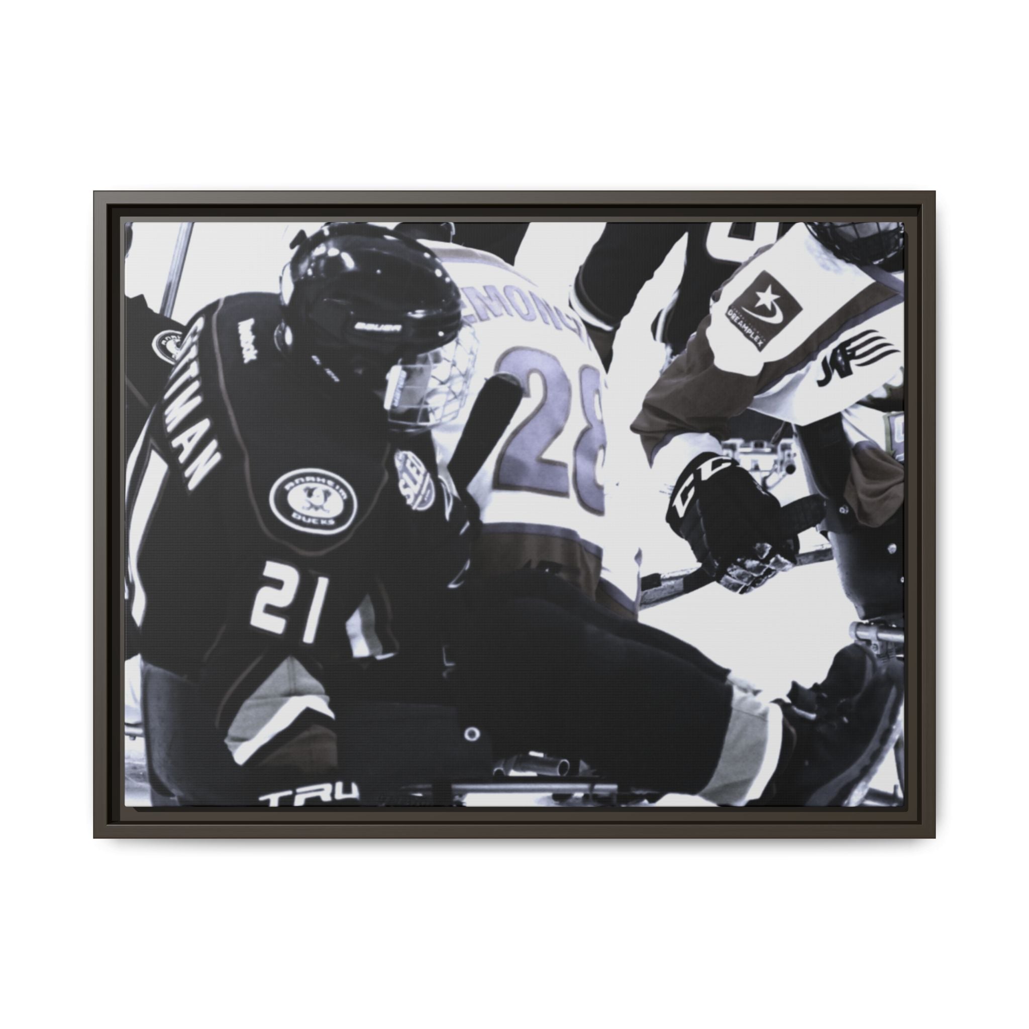 Framed Hockey Action Matte Canvas Print — Black & White Sports Wall Art