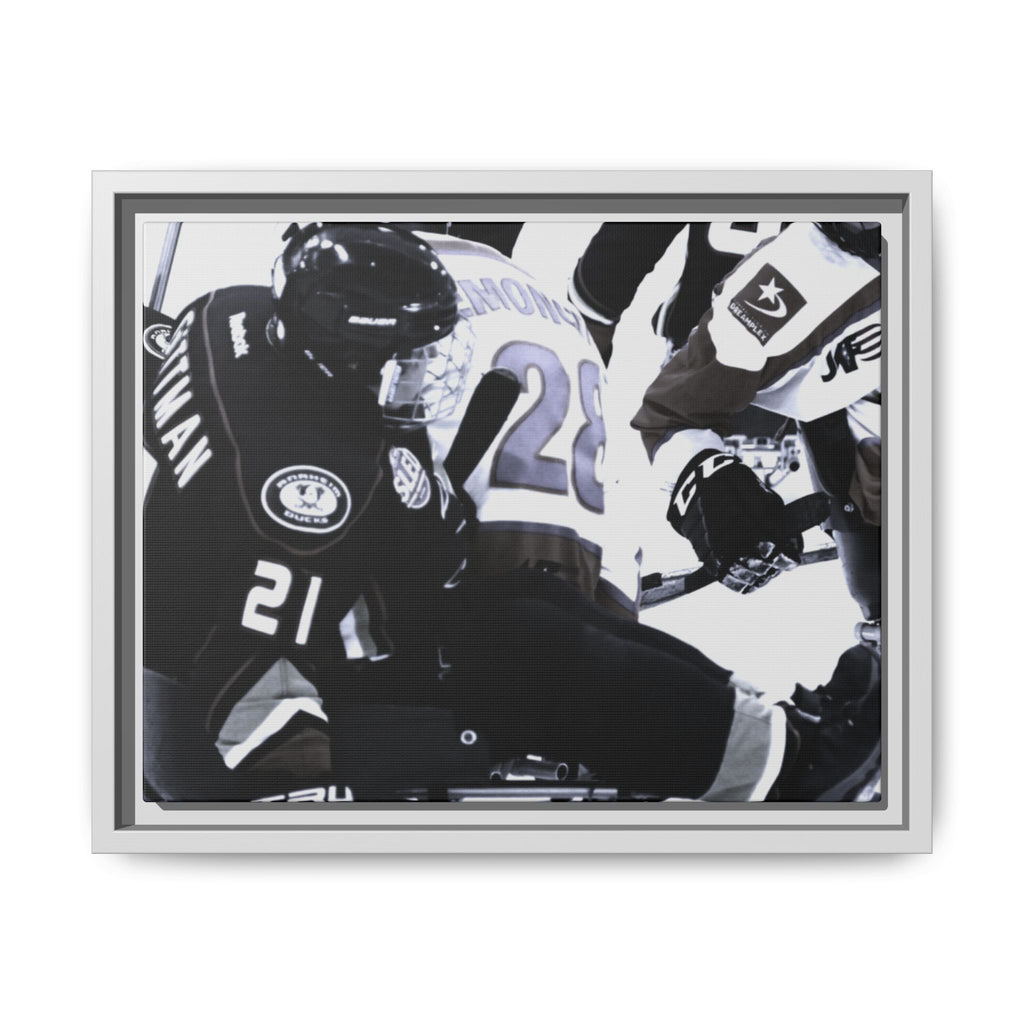 Framed Hockey Action Matte Canvas Print — Black & White Sports Wall Art