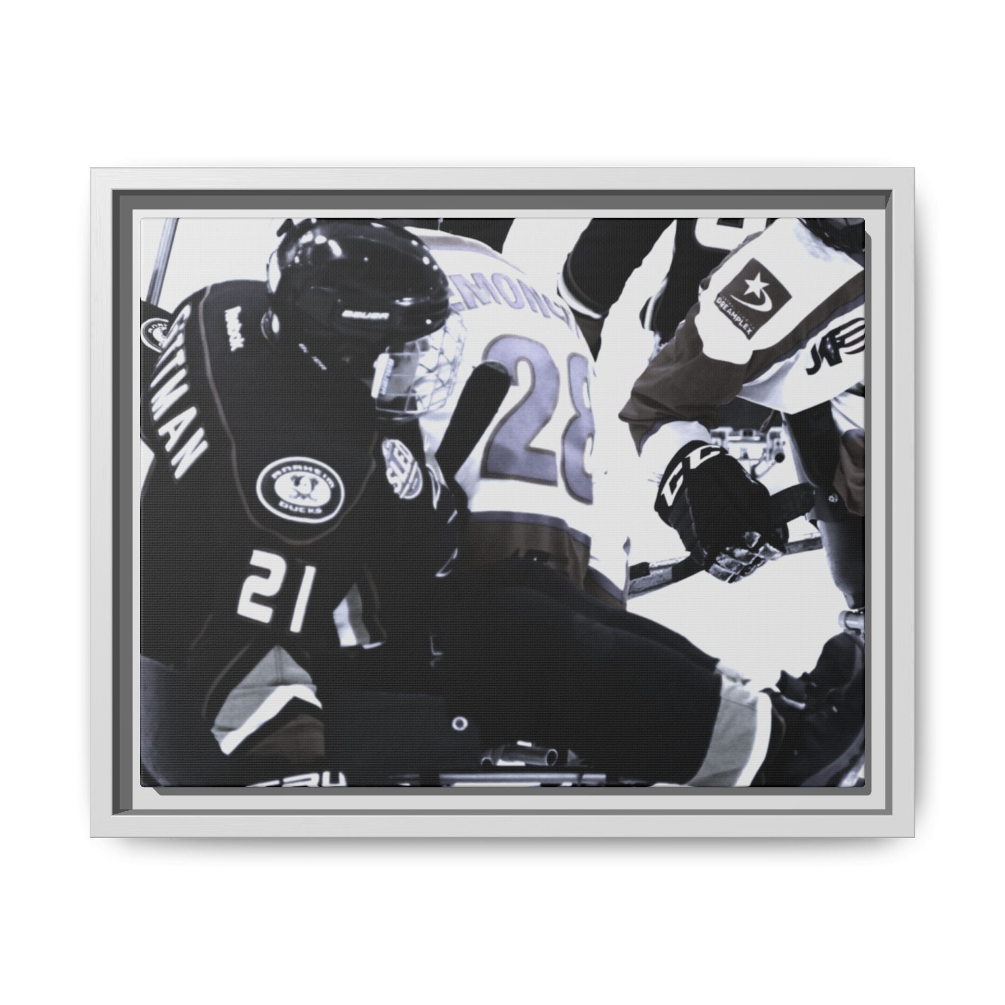 Framed Hockey Action Matte Canvas Print — Black & White Sports Wall Art