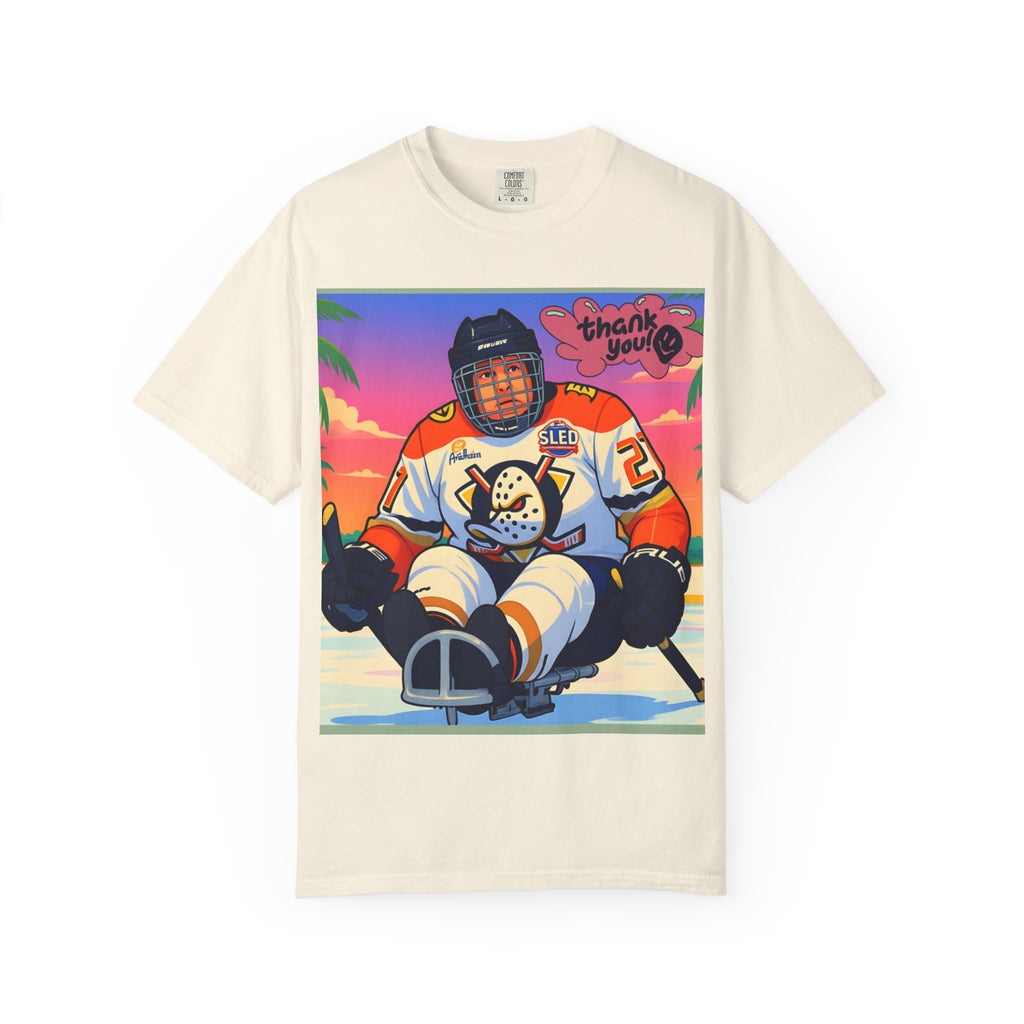 Hockey Tropics T‑Shirt — Sled Hockey Player with "Thank You" Graphic