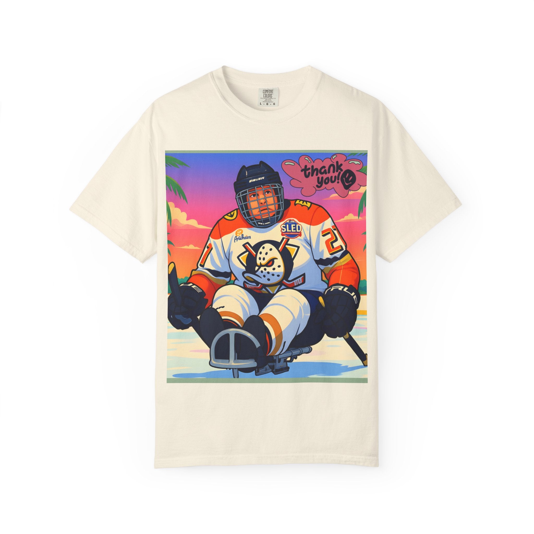 Hockey Tropics T‑Shirt — Sled Hockey Player with "Thank You" Graphic