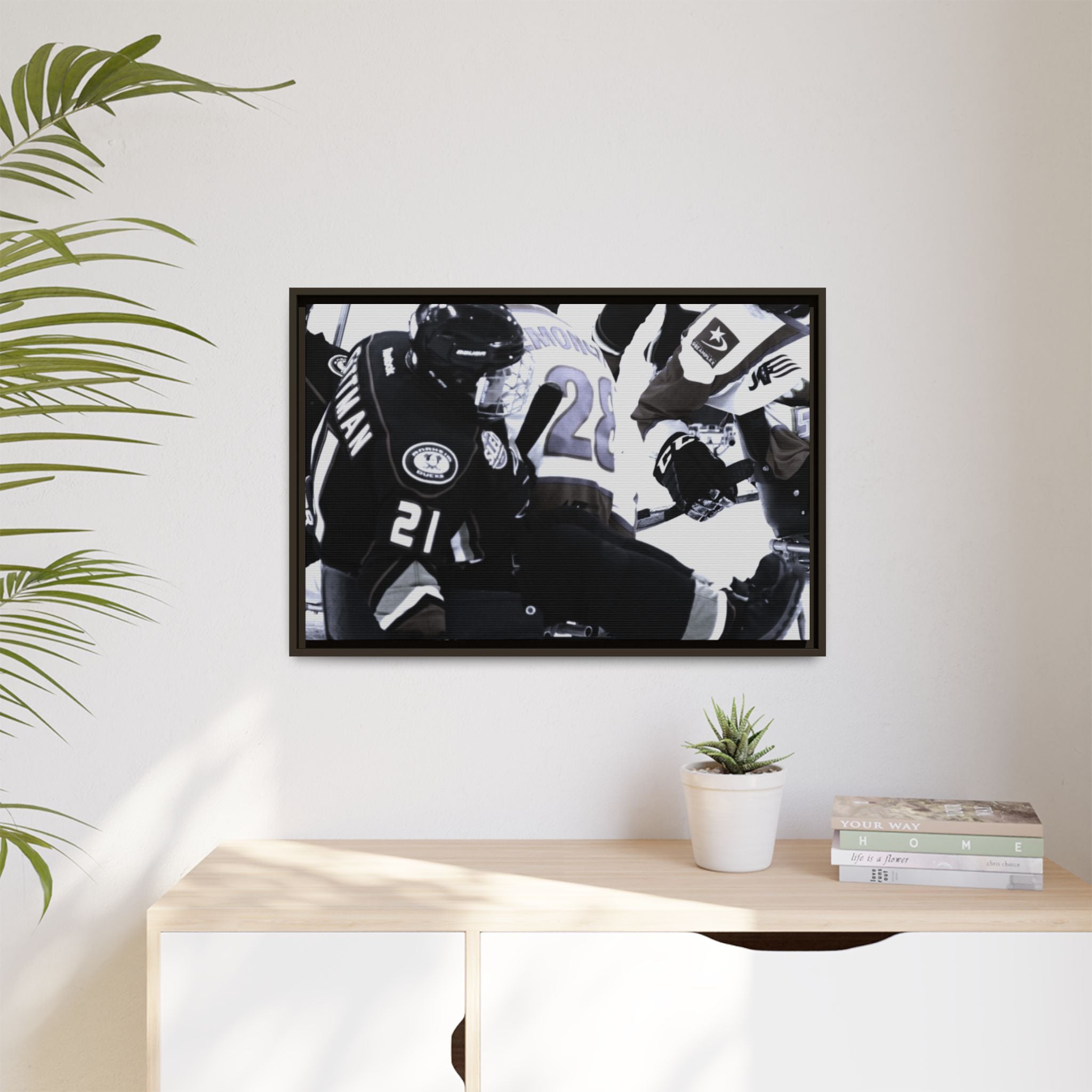 Framed Hockey Action Matte Canvas Print — Black & White Sports Wall Art