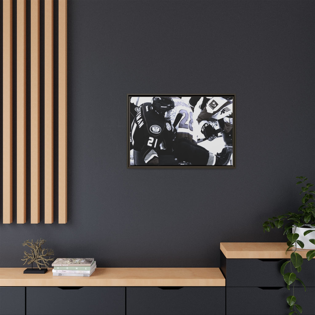 Framed Hockey Action Matte Canvas Print — Black & White Sports Wall Art