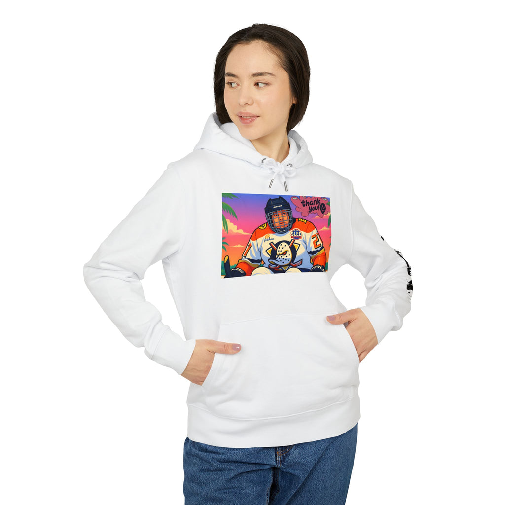 Hockey Player Graphic Hoodie — Retro Sunset Skate Design