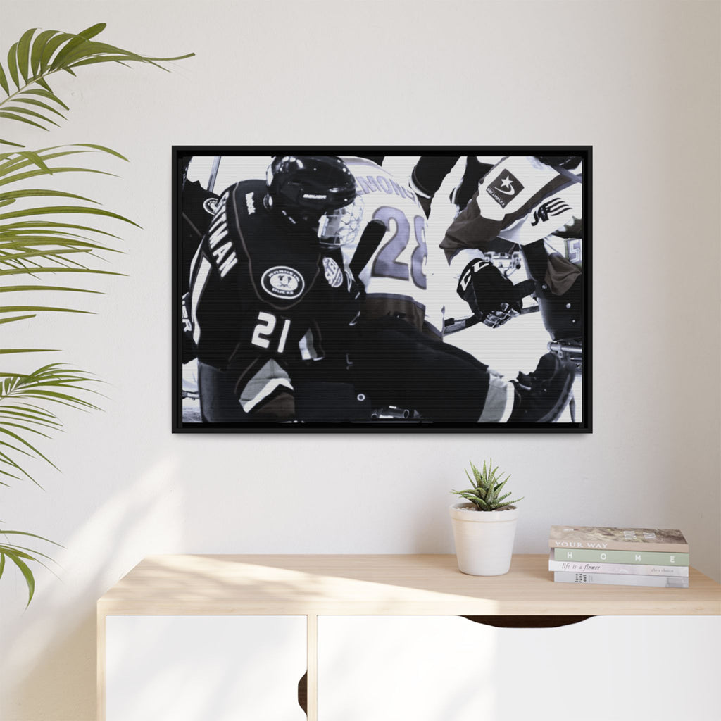 Framed Hockey Action Matte Canvas Print — Black & White Sports Wall Art