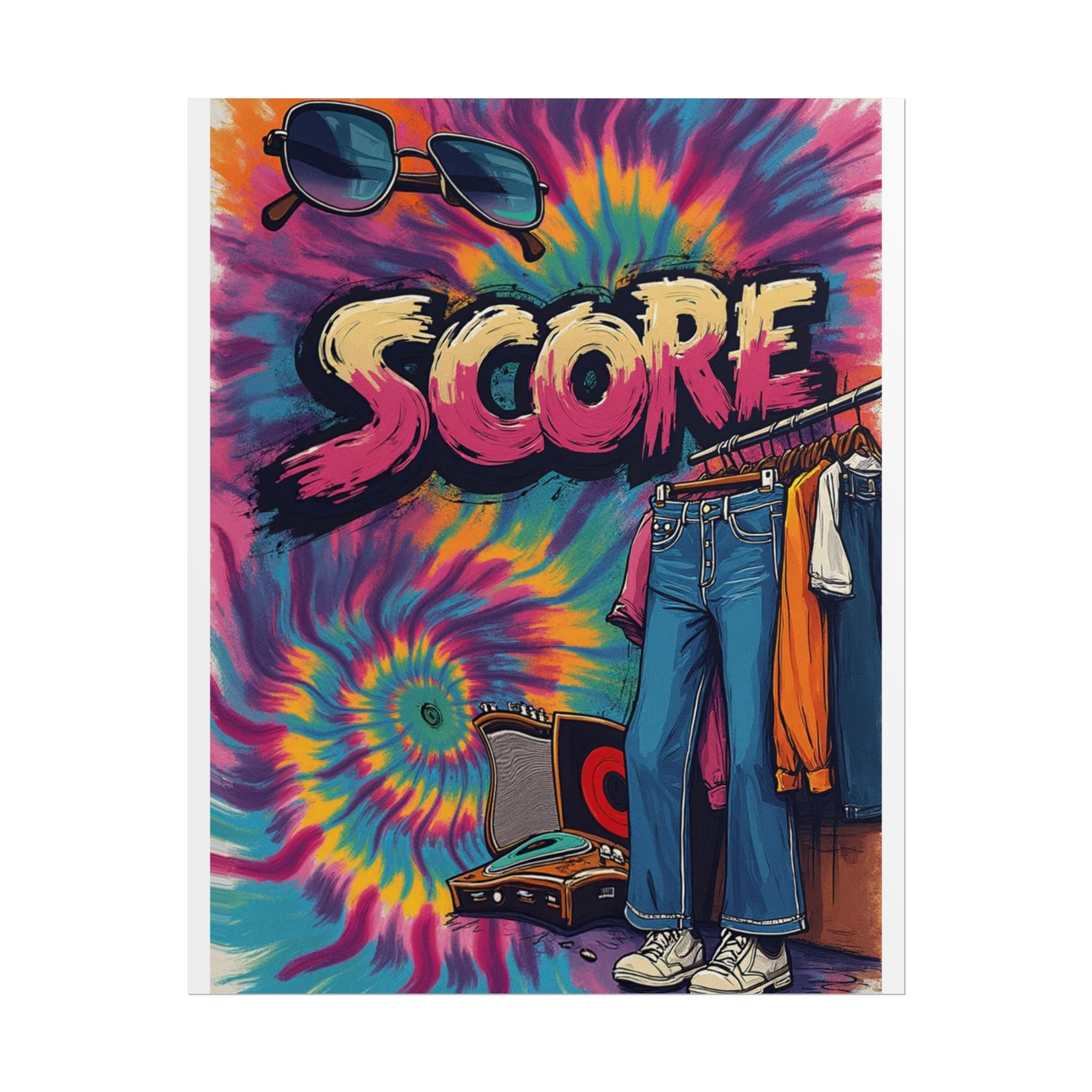 Score Tie-Dye Retro Poster — Vintage 70s Clothes & Record Player Wall Art