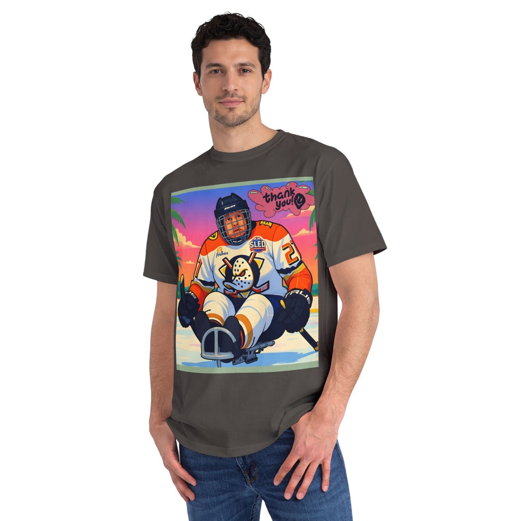 Hockey Sled Player Retro Sunset T-Shirt — 'thank you' Graphic