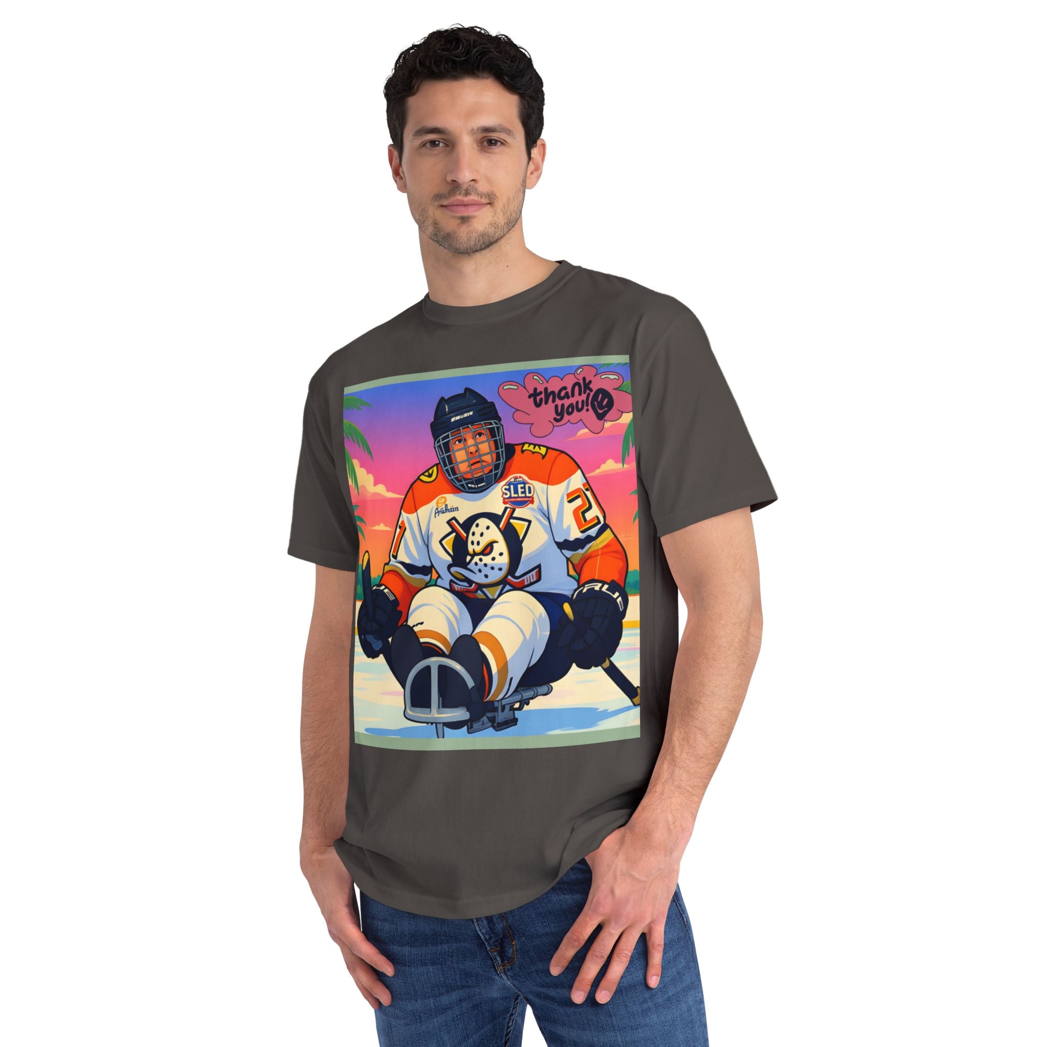 Hockey Sled Player Retro Sunset T-Shirt — 'thank you' Graphic