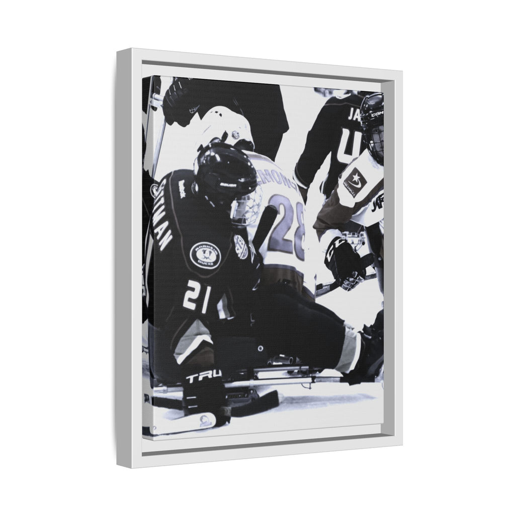 Framed Hockey Action Matte Canvas Print — Black & White Sports Wall Art