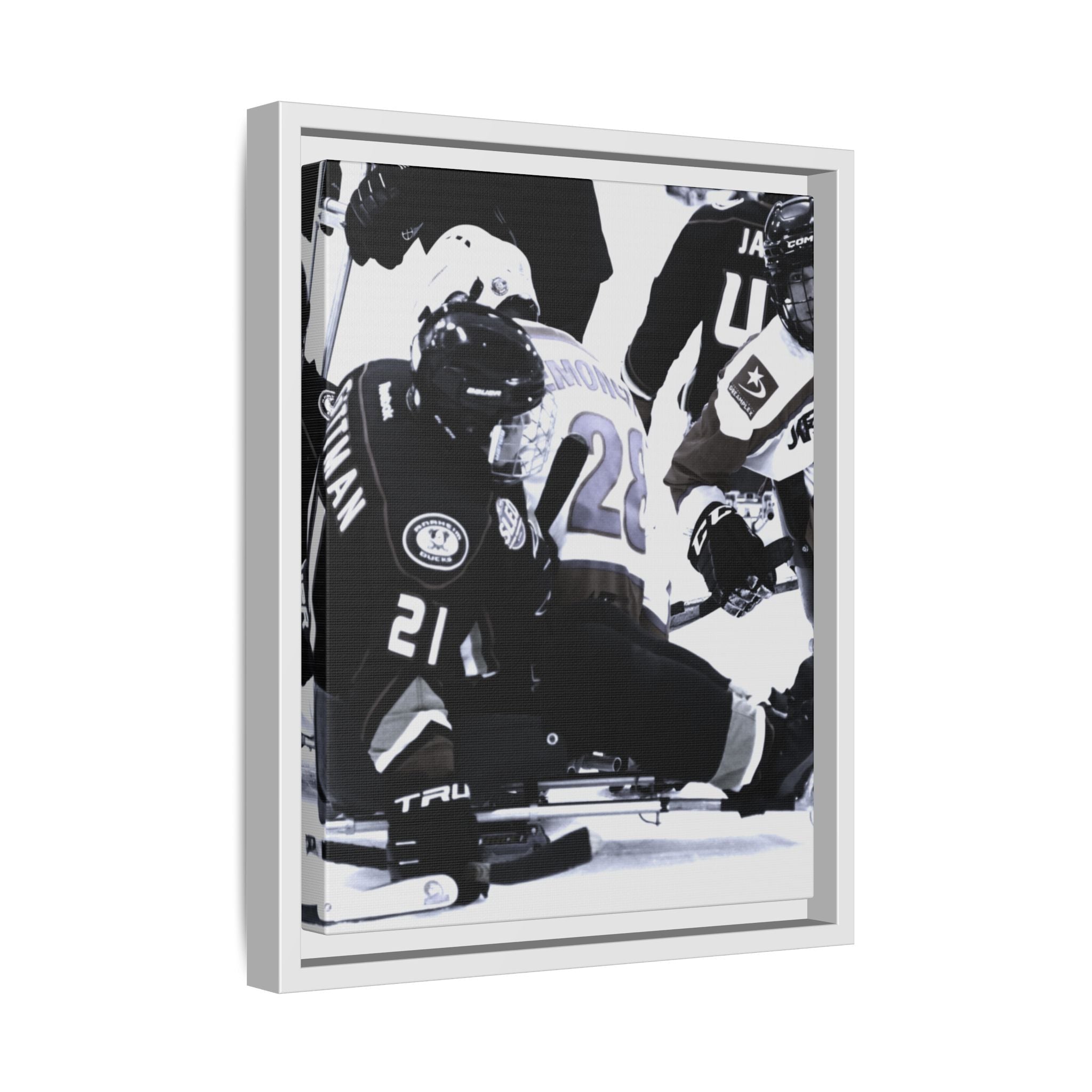 Framed Hockey Action Matte Canvas Print — Black & White Sports Wall Art
