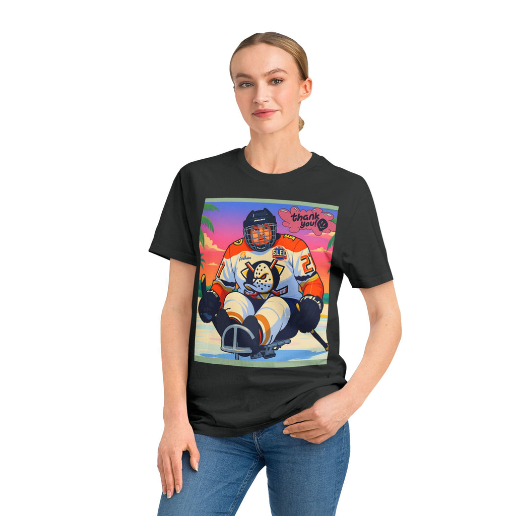 Hockey Sled Player Graphic T-Shirt — "Thank You" Retro Beach Vibe