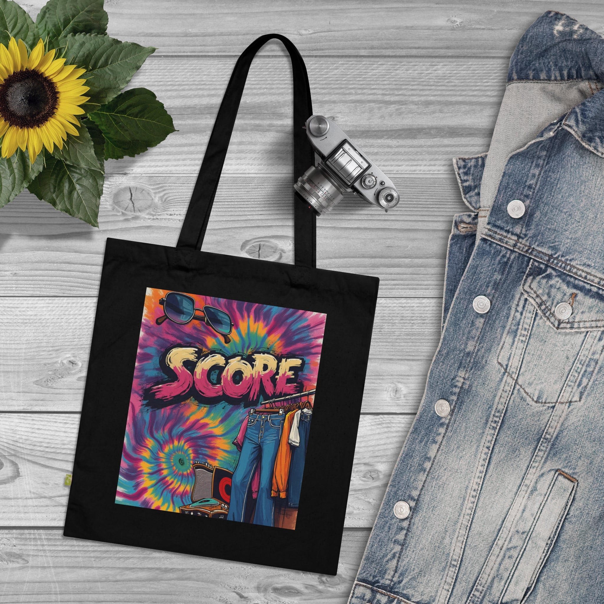 Score Tie-Dye Tote Bag — Retro 70s Skateboard Graphic Organic Cotton Tote