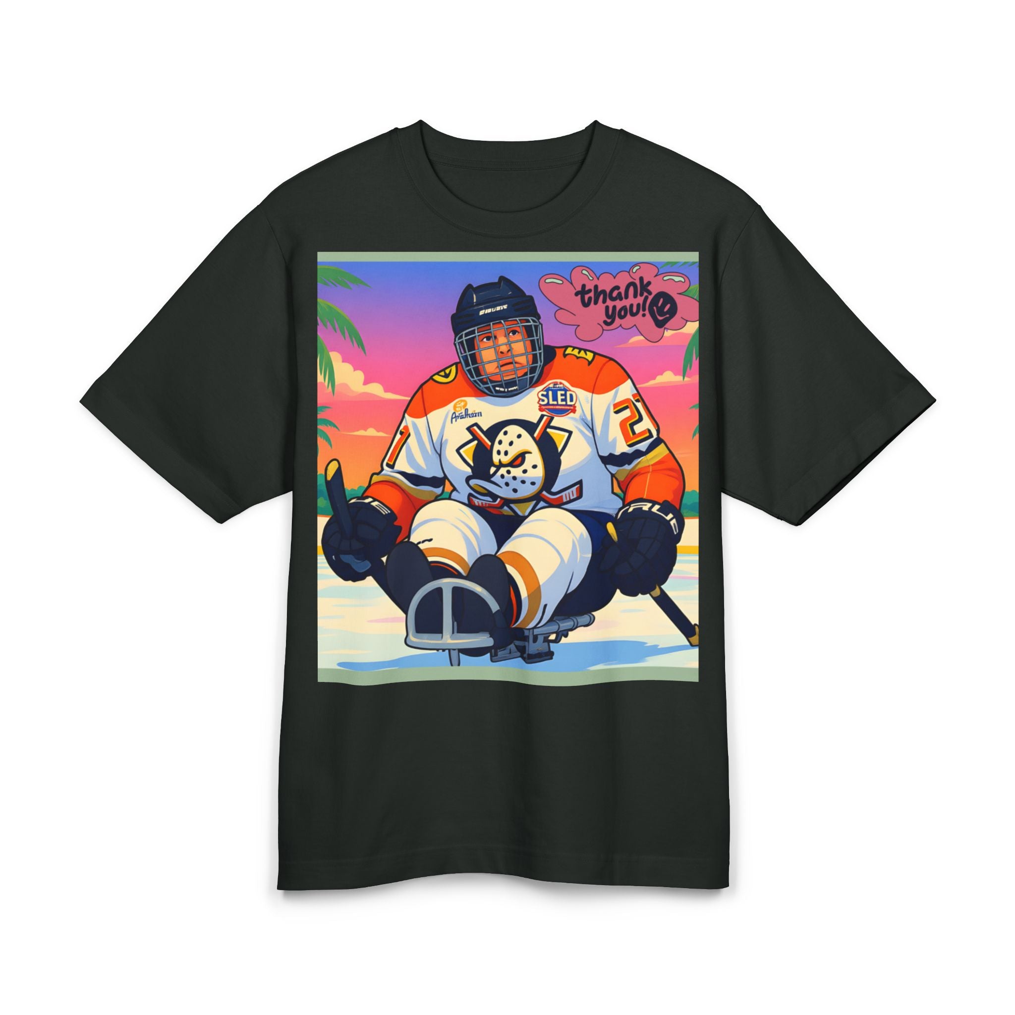 Hockey Sled Player Graphic Tee — 'Thank You' Retro Sunset Design