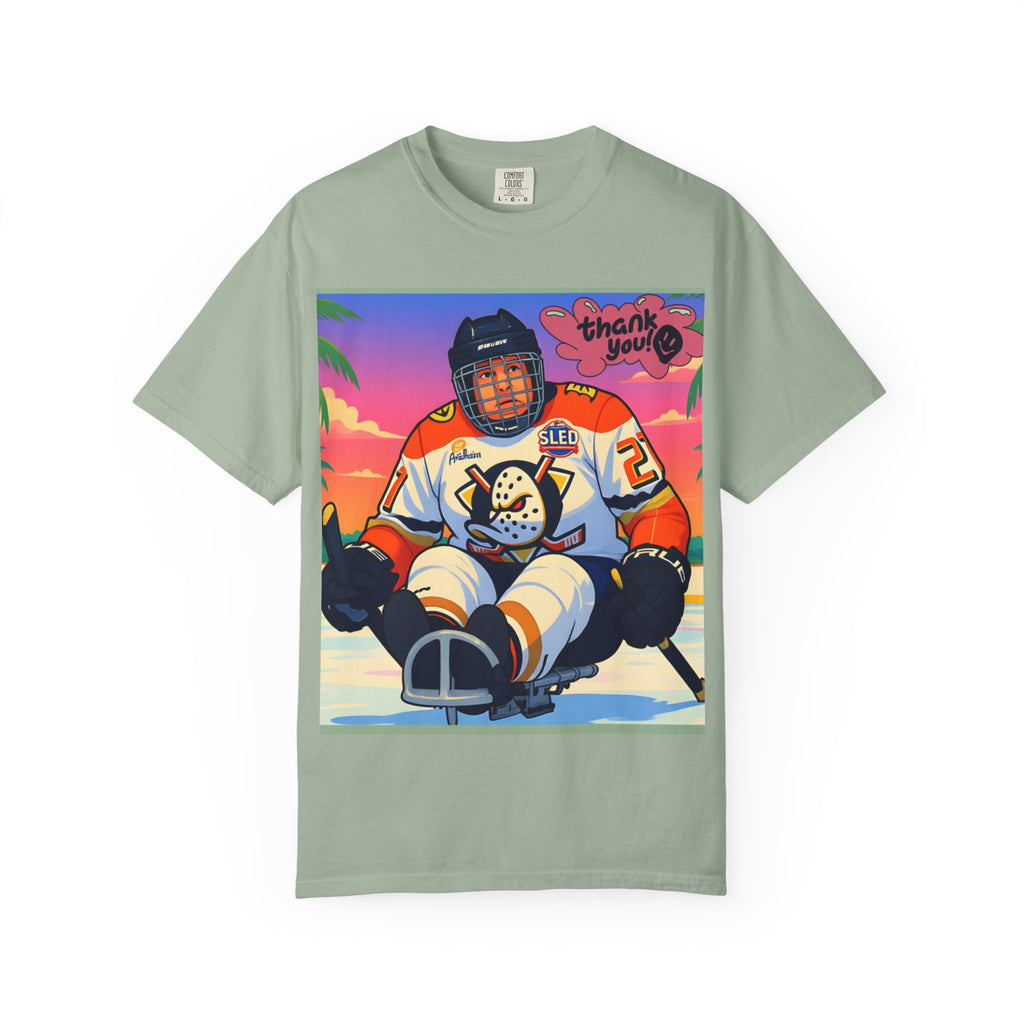 Hockey Tropics T‑Shirt — Sled Hockey Player with "Thank You" Graphic