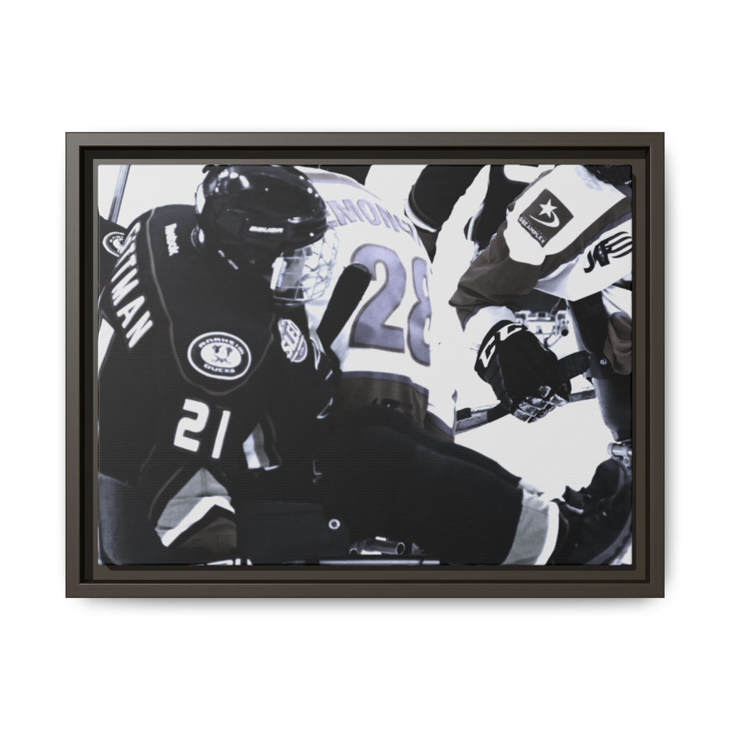 Framed Hockey Action Matte Canvas Print — Black & White Sports Wall Art