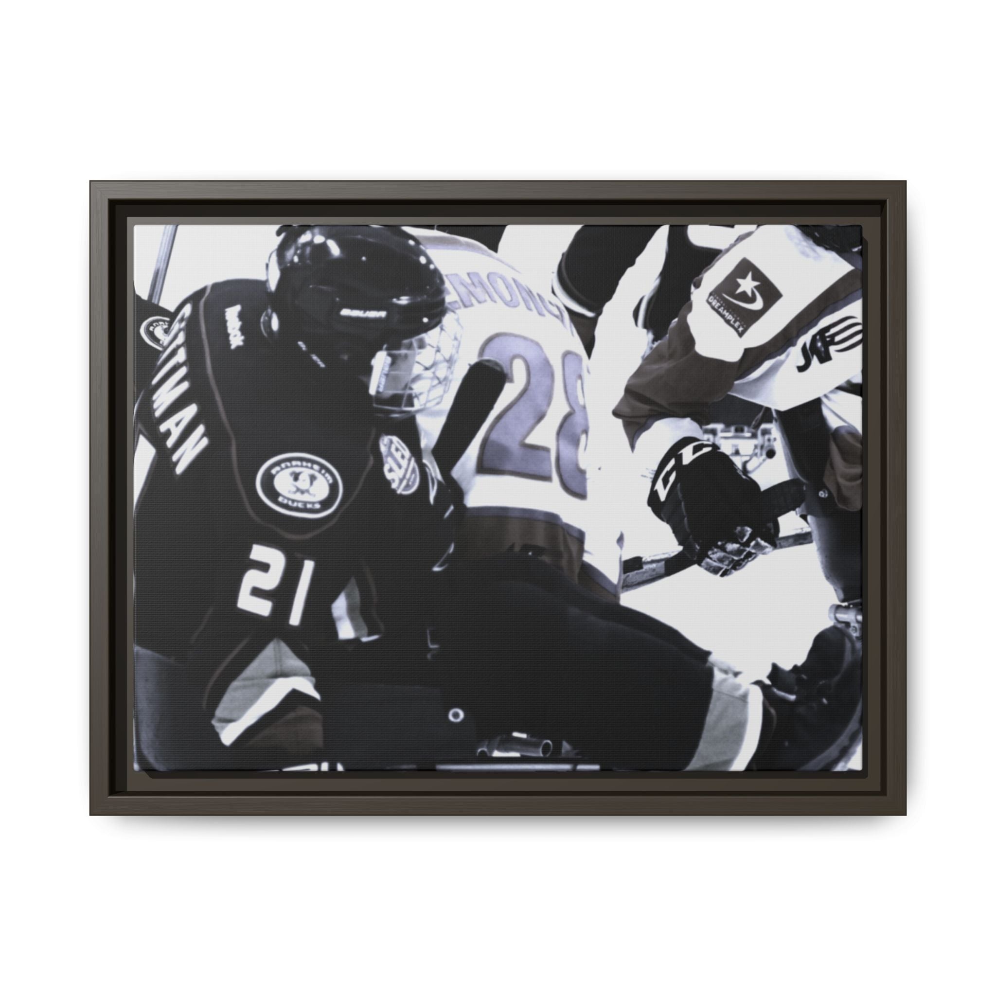 Framed Hockey Action Matte Canvas Print — Black & White Sports Wall Art