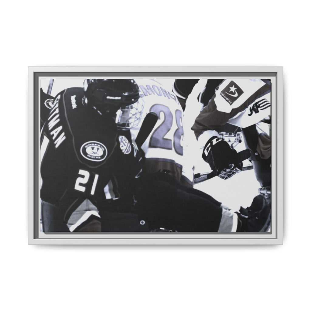 Framed Hockey Action Matte Canvas Print — Black & White Sports Wall Art