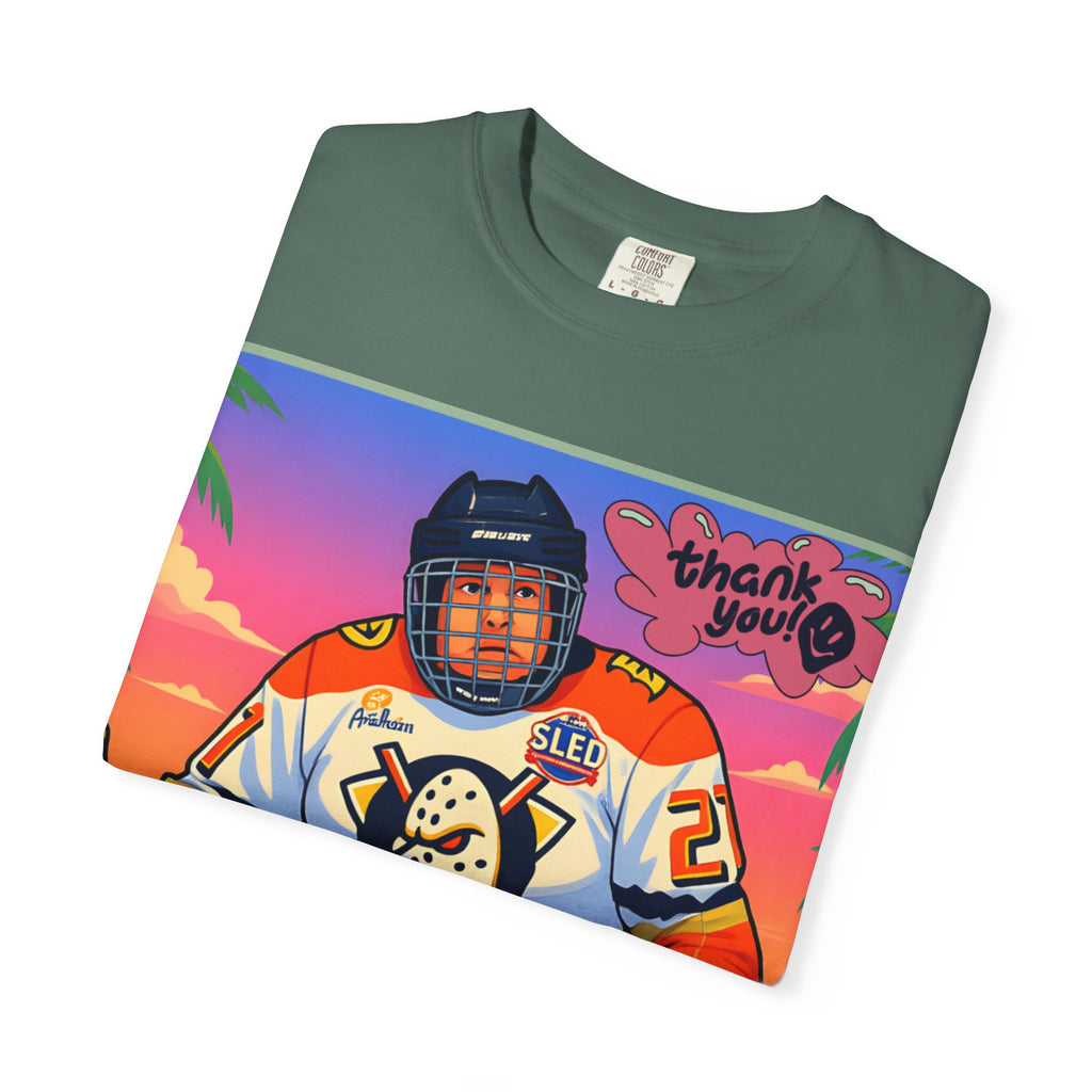 Hockey Tropics T‑Shirt — Sled Hockey Player with "Thank You" Graphic